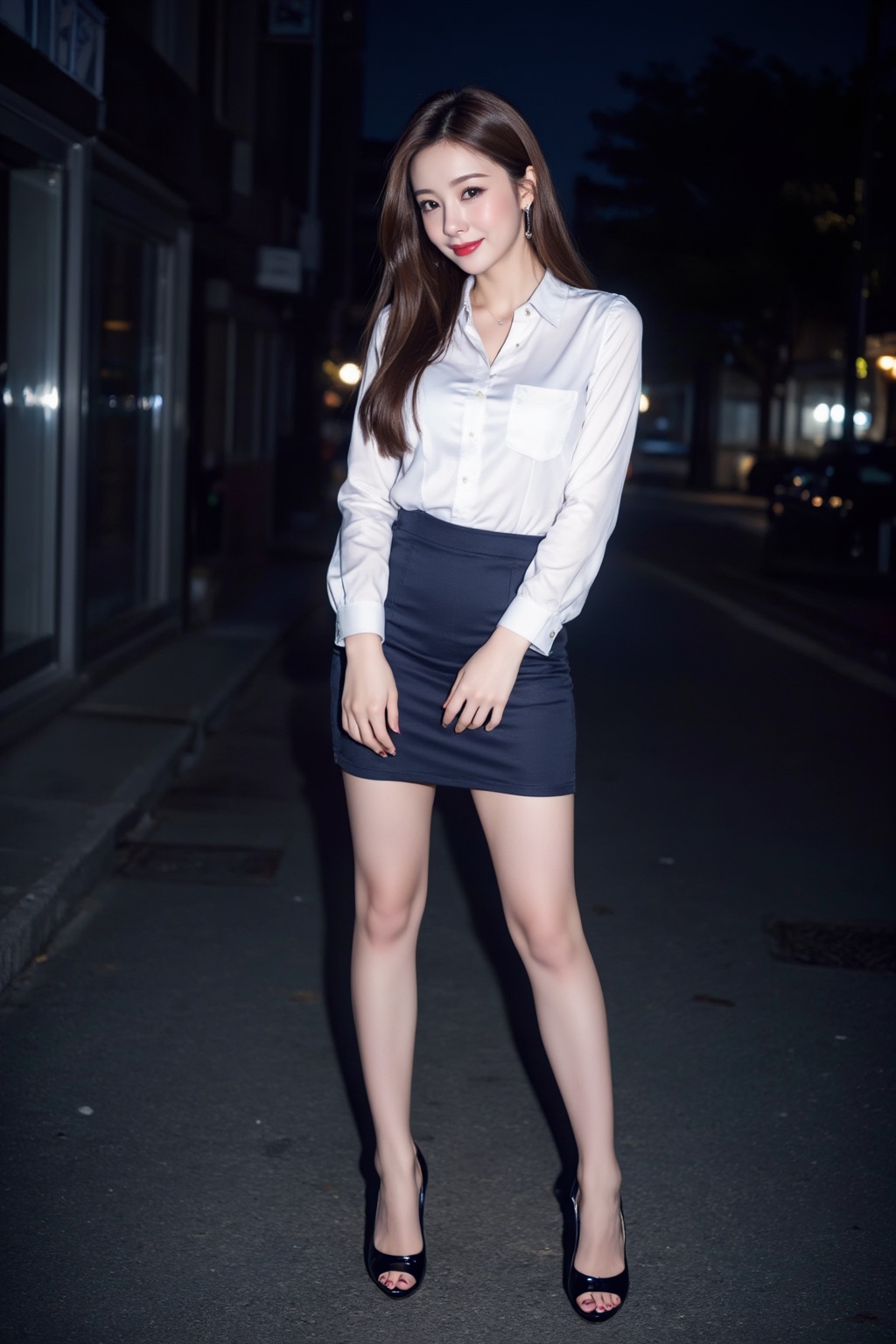 Create a highly detailed full-body image of a young Asian woman with silky long straight brown hair,  double eyelids,  and...
