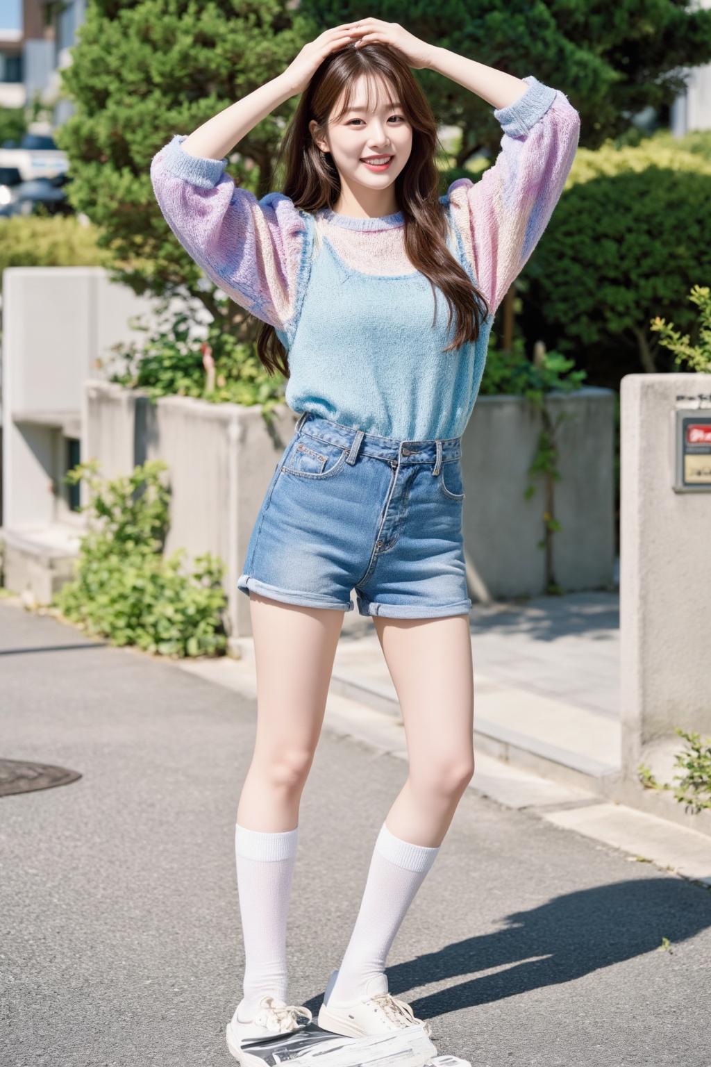 Create a pastel full-body portrait of a young Korean woman in a daily outfit,  captured outdoors under natural light. Focu...