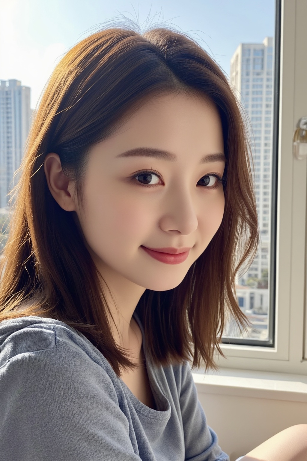 Closeup shot of a young Asian woman with subtle smile,  detailed face,  wearing a casual home outfit. Her brown hair flows...