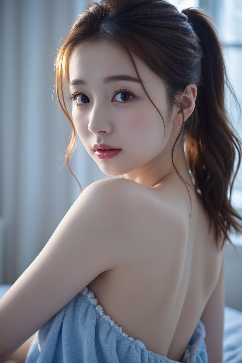 Create a vivid,  high-fidelity scene featuring a captivating Asian woman with a rim light,  long brown ponytail on Tensor.Art