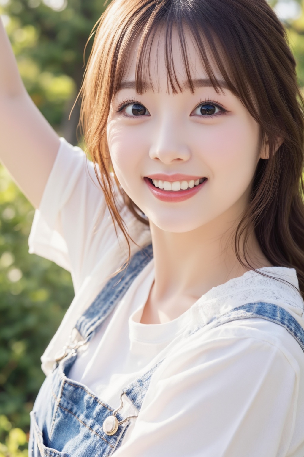 Create a pastel full-body portrait of a young Korean woman with double eyelids in a daily outfit,  captured outdoors under...