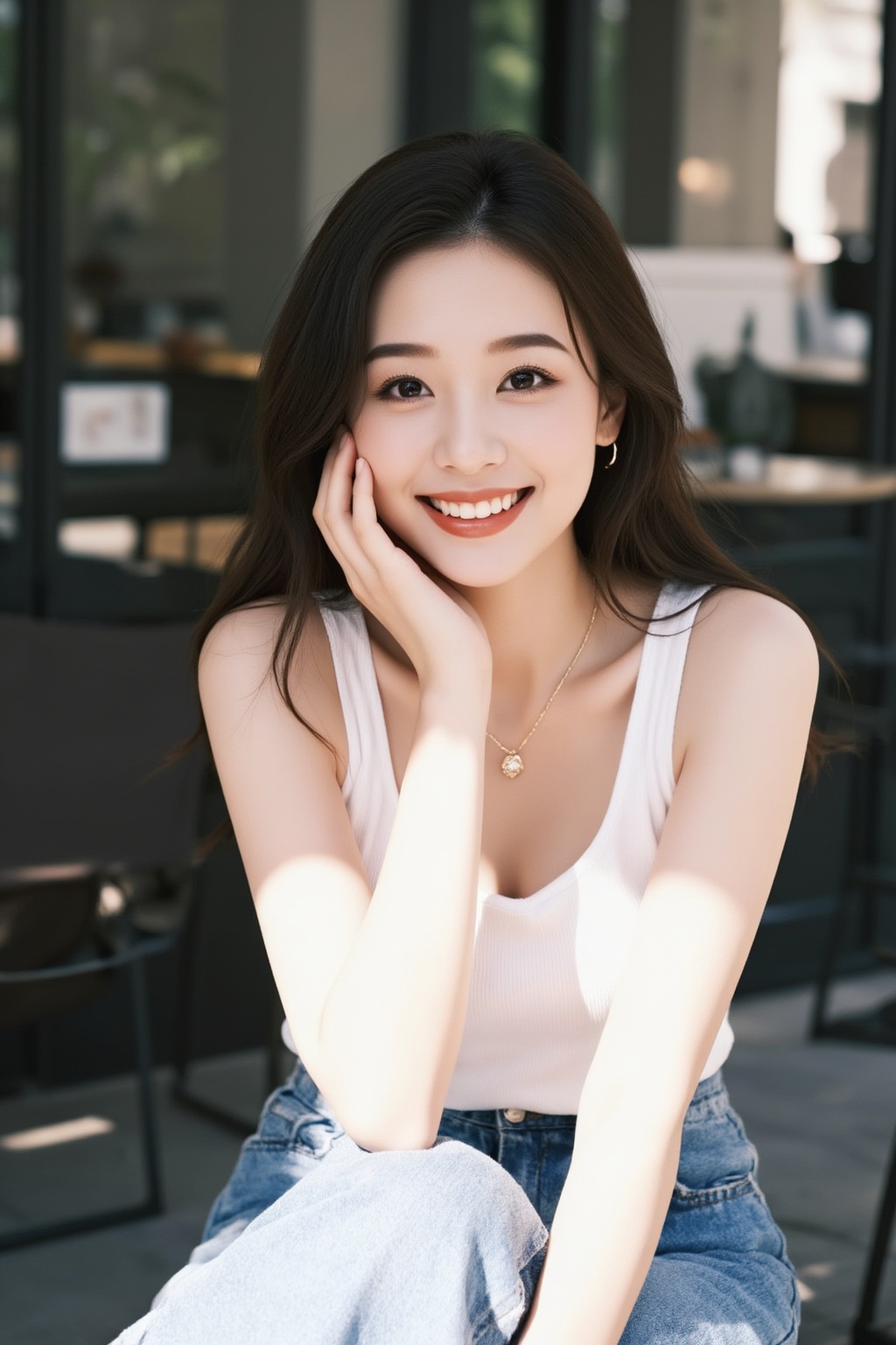 Create a portrait of a young Asian woman in a casual outfit. Capture her in natural light,  emphasizing a warm and invitin...