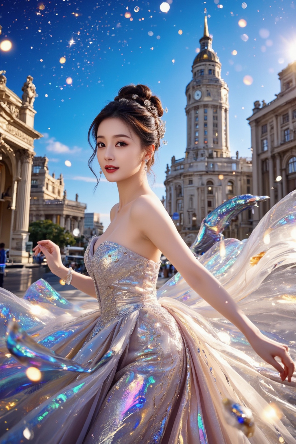 Create a scene featuring a young Asian woman,  exuding phenomenal grace and elegance,  dressed in haute couture that highl...