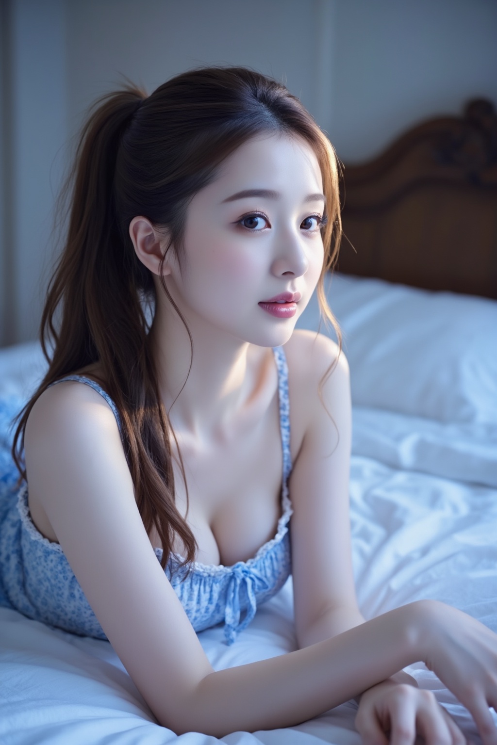 Create a vivid,  high-fidelity scene featuring a captivating Asian woman with a rim light,  long brown ponytail on Tensor.Art