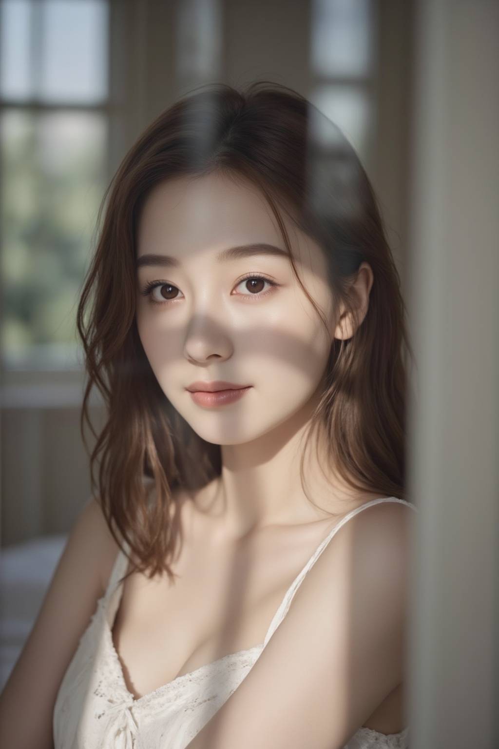 Create a contentment expression scene of a woman with brown hair,  softly gazes at the camera,  bathed in soft on Tensor.Art