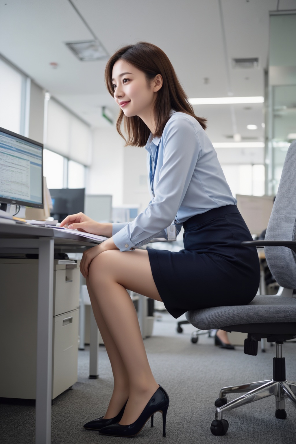 Profile view of a young Asian office lady with a subtle smile,  sitting on a chair while working. This full-body portrait...