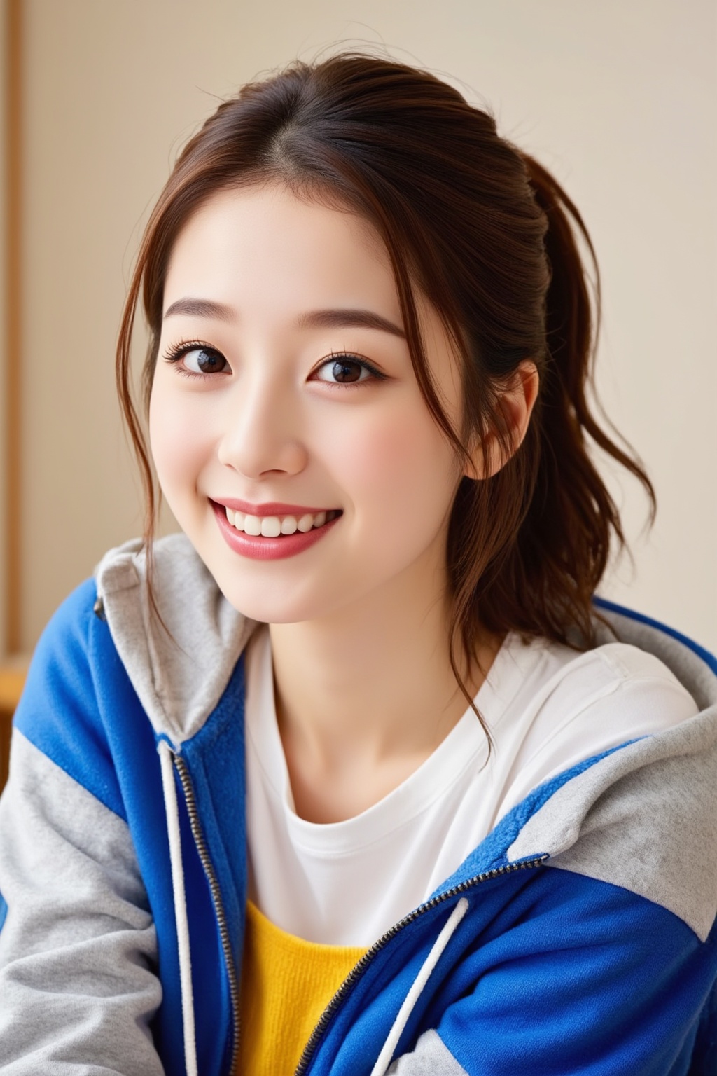 Create a portrait of a young Asian woman in a casual outfit. Capture her in a natural,  relaxed setting that reflects her...