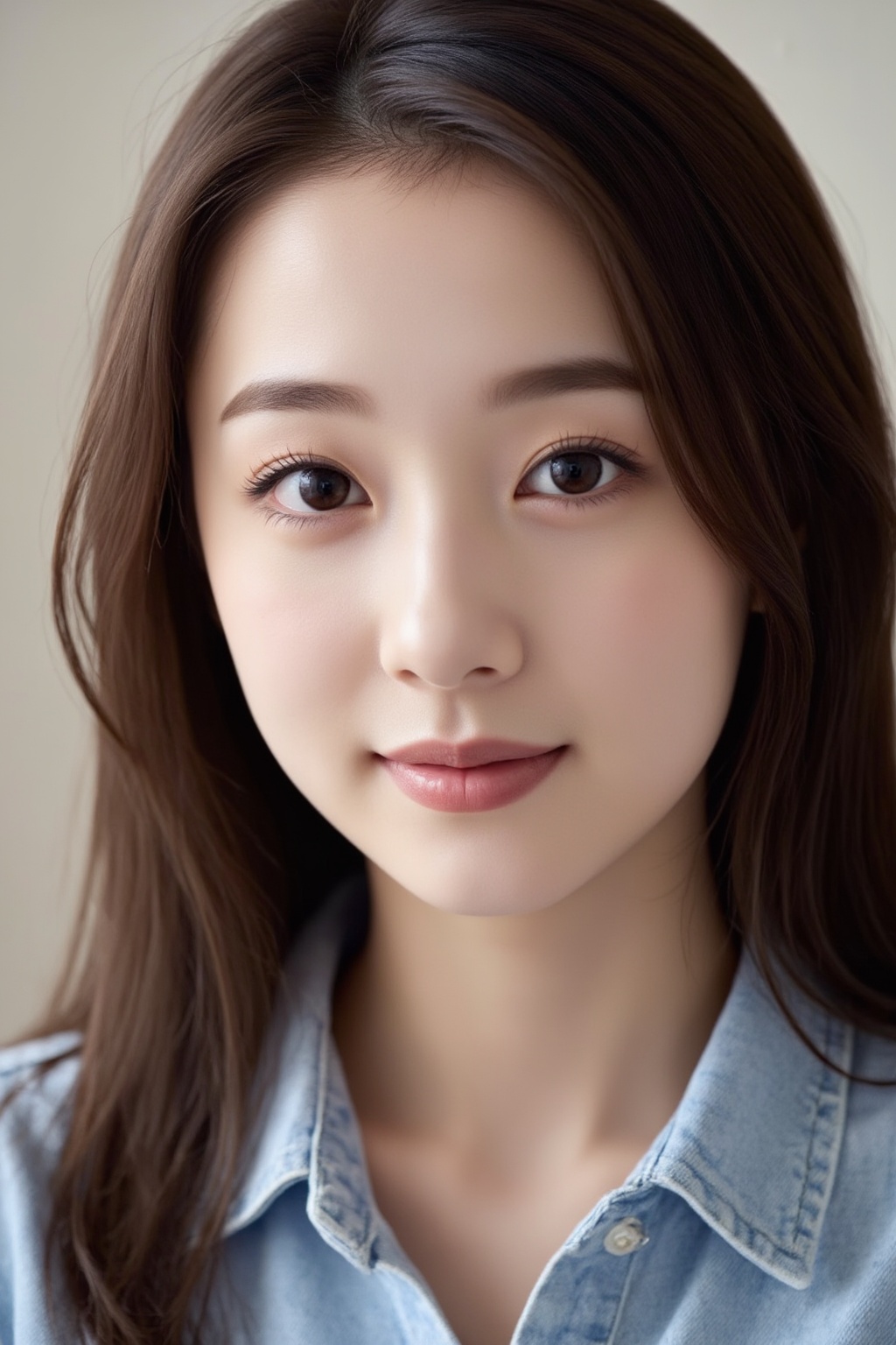 Create a portrait of a young Asian woman in a casual outfit. Capture her in a natural light setting with soft shadows and...