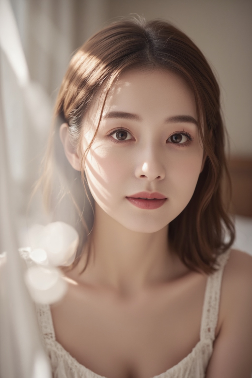 Create a contentment expression scene of a woman with brown hair,  softly gazes at the camera,  bathed in soft on Tensor.Art