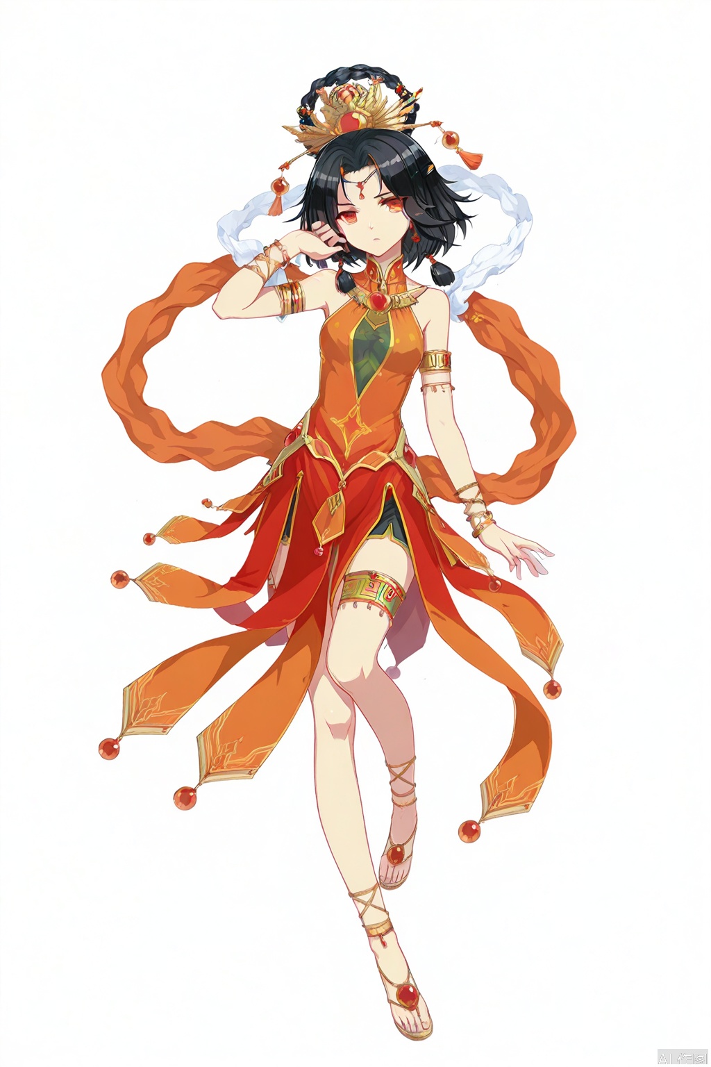 full_body,solo,(white background:1.2),simple background,jilin,manga_style,black hair,hair ornament,jewelry,red eyes,long hair,bracelet,short hair,orange eyes,braid,game_cg_style