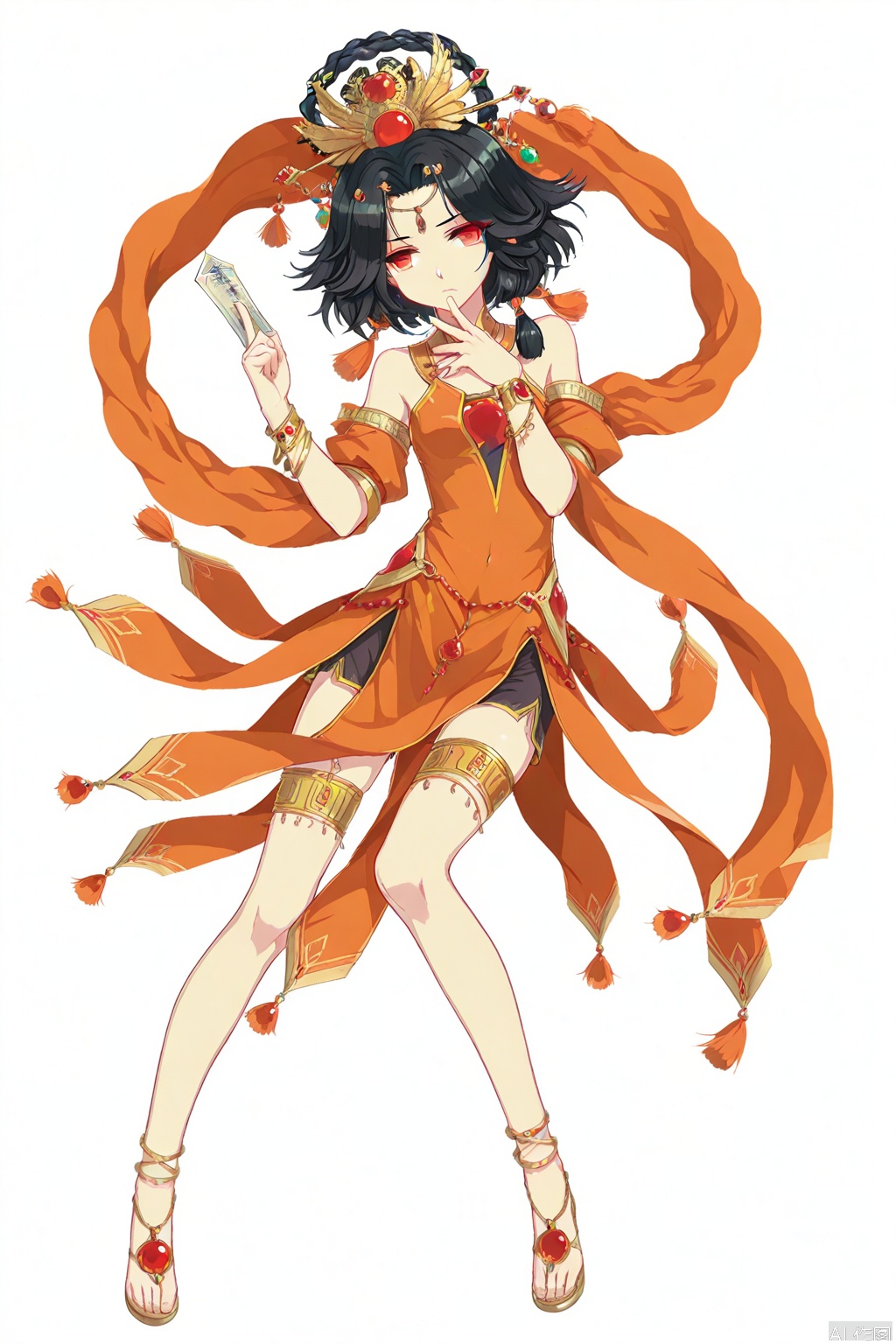 full_body,solo,(white background:1.2),simple background,jilin,manga_style,black hair,hair ornament,jewelry,red eyes,long hair,bracelet,short hair,orange eyes,braid,game_cg_style