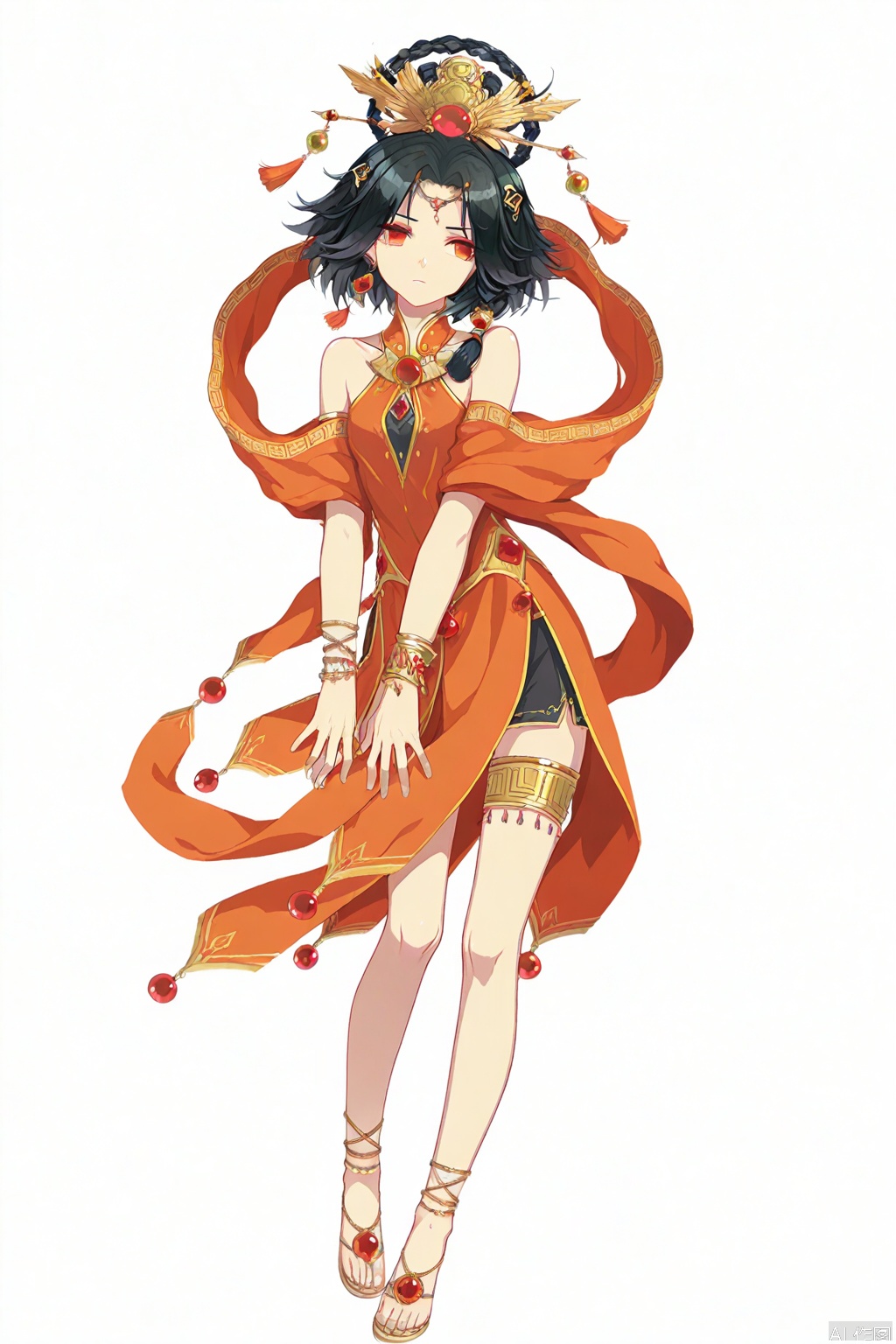 full_body,solo,(white background:1.2),simple background,jilin,manga_style,black hair,hair ornament,jewelry,red eyes,long hair,bracelet,short hair,orange eyes,braid,game_cg_style