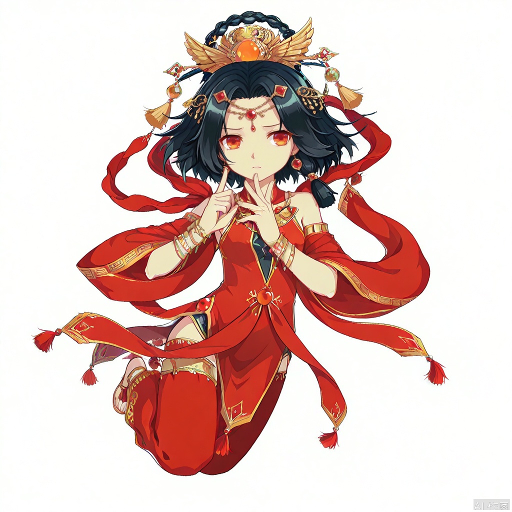 full_body,solo,(white background:1.2),simple background,jilin,manga_style,black hair,hair ornament,jewelry,red eyes,long hair,bracelet,short hair,orange eyes,braid,game_cg_style