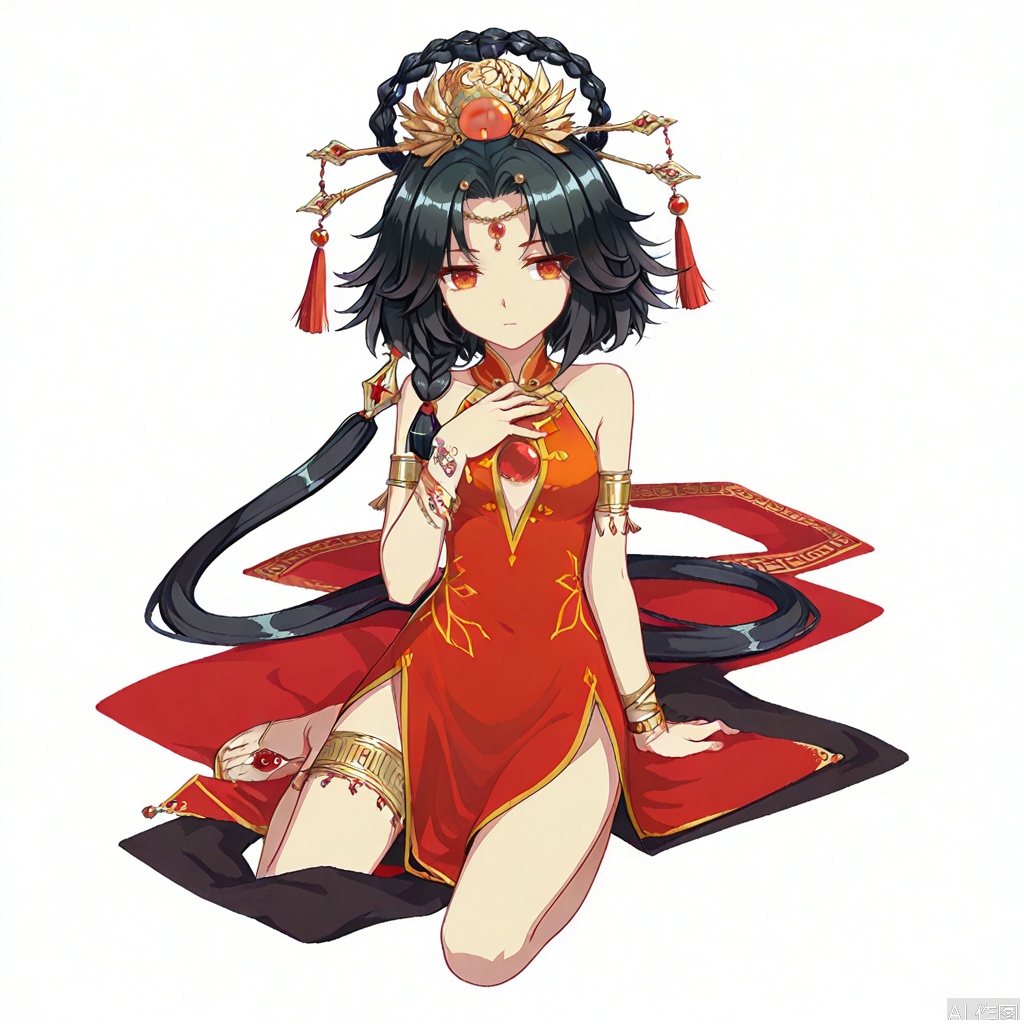 full_body,solo,(white background:1.2),simple background,jilin,manga_style,black hair,hair ornament,jewelry,red eyes,long hair,bracelet,short hair,orange eyes,braid,game_cg_style