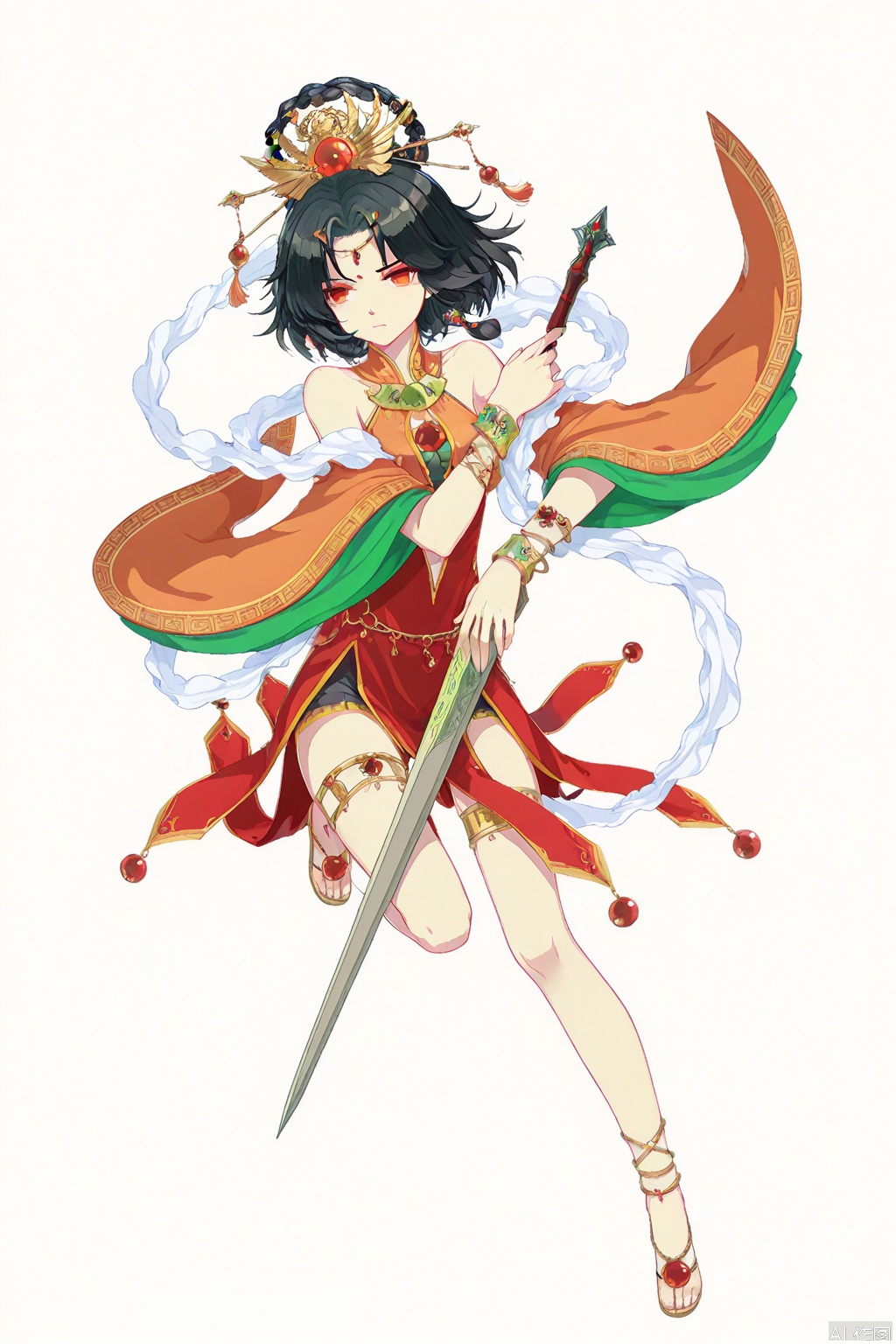 full_body,solo,(white background:1.2),simple background,jilin,manga_style,black hair,hair ornament,jewelry,red eyes,long hair,bracelet,short hair,orange eyes,braid,game_cg_style
