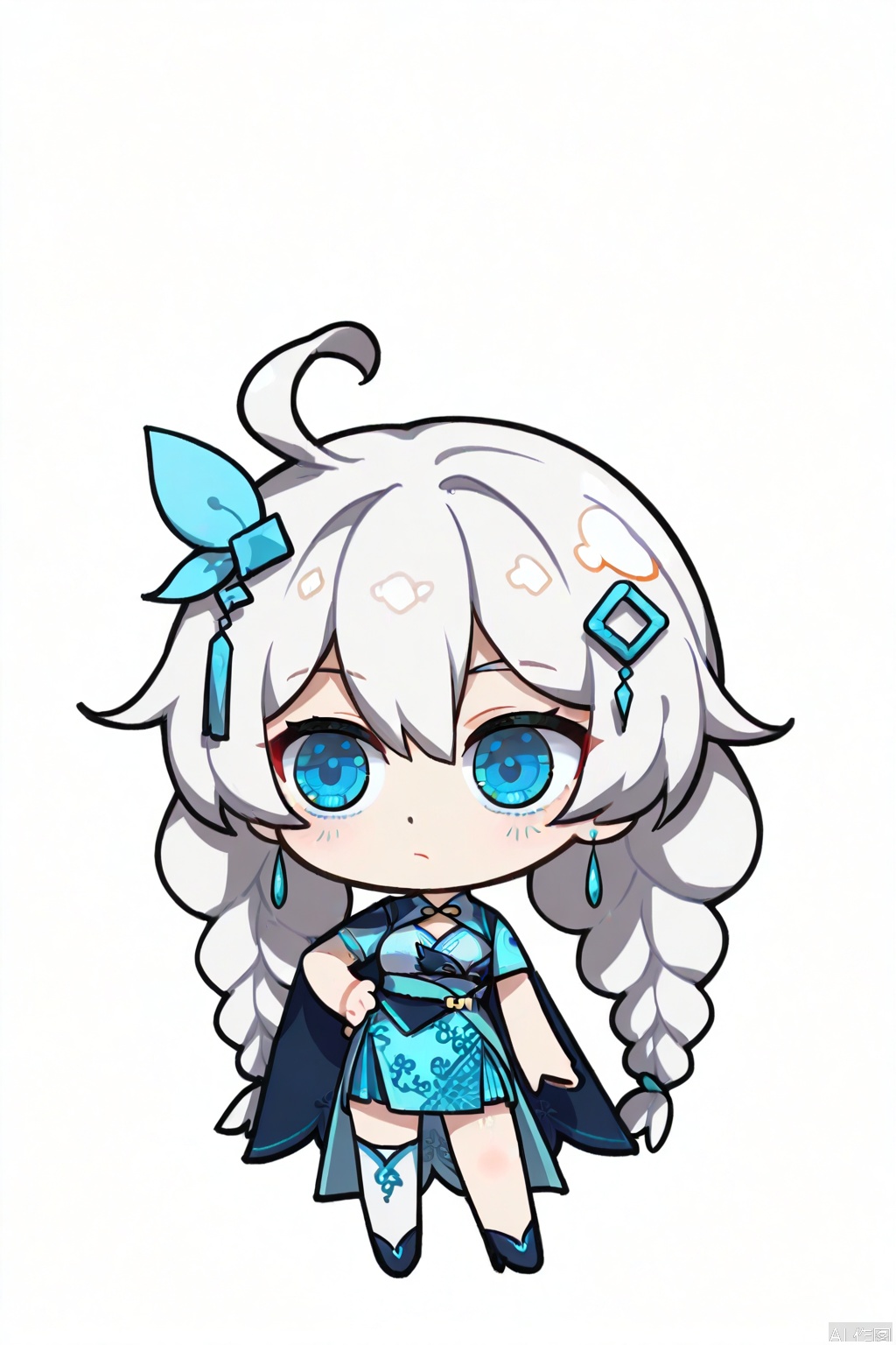 solo,(white background:1.2),simple background,kiana kaslana,chibi,manga_style,aqua,blue footwear,blue cape,high heels,bangs,hair ornament,jewelry,hair between eyes,earrings,chinese clothes,blue dress,thighhighs,white cuish,blue eyes,long white hair,twin braids