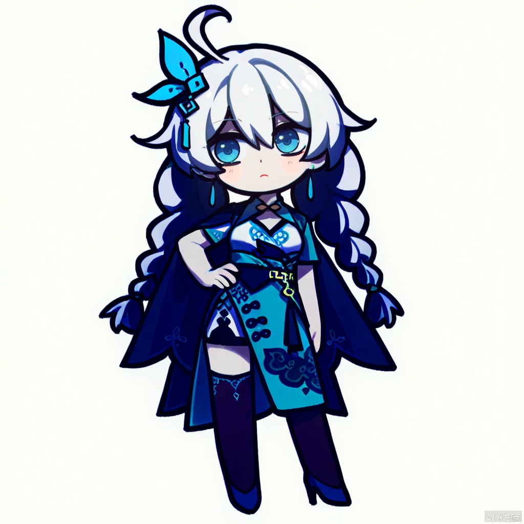 solo,(white background:1.2),simple background,kiana kaslana,chibi,manga_style,aqua,blue footwear,blue cape,high heels,bangs,hair ornament,jewelry,hair between eyes,earrings,chinese clothes,blue dress,thighhighs,white cuish,blue eyes,long white hair,twin braids
