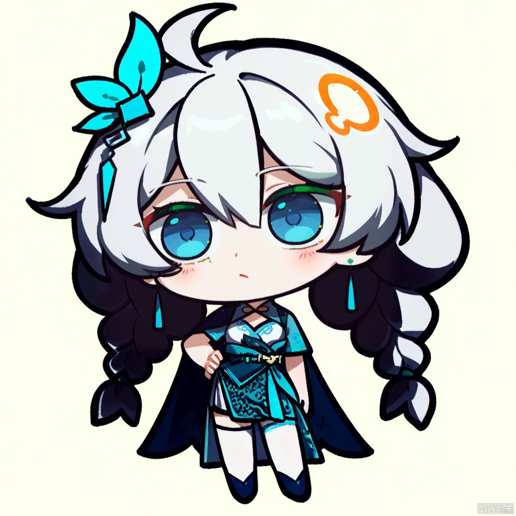 solo,(white background:1.2),simple background,kiana kaslana,chibi,manga_style,aqua,blue footwear,blue cape,high heels,bangs,hair ornament,jewelry,hair between eyes,earrings,chinese clothes,blue dress,thighhighs,white cuish,blue eyes,long white hair,twin braids