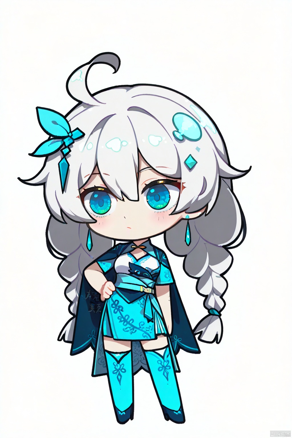 solo,(white background:1.2),simple background,kiana kaslana,chibi,manga_style,aqua,blue footwear,blue cape,high heels,bangs,hair ornament,jewelry,hair between eyes,earrings,chinese clothes,blue dress,thighhighs,white cuish,blue eyes,long white hair,twin braids