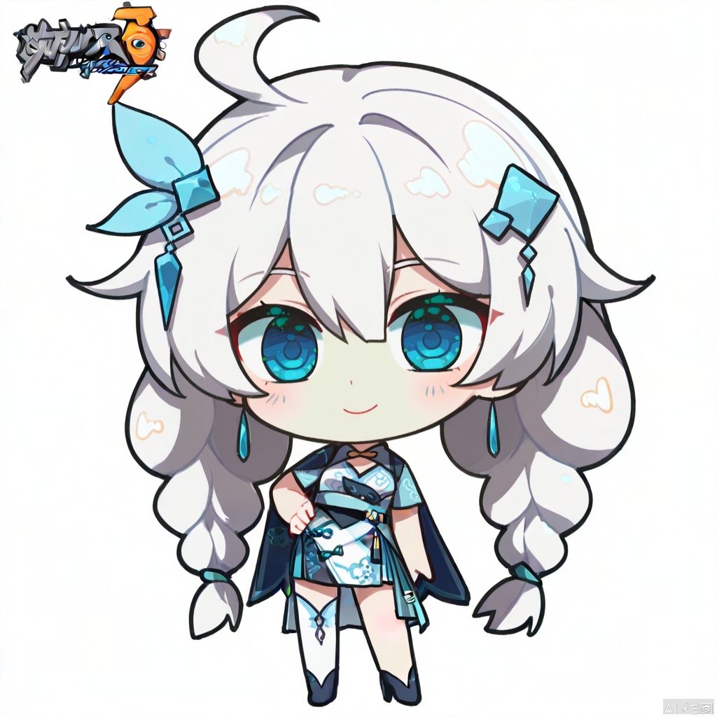 solo,(white background:1.2),simple background,kiana kaslana,chibi,manga_style,aqua,blue footwear,blue cape,high heels,bangs,hair ornament,jewelry,hair between eyes,earrings,chinese clothes,blue dress,thighhighs,white cuish,blue eyes,long white hair,twin braids