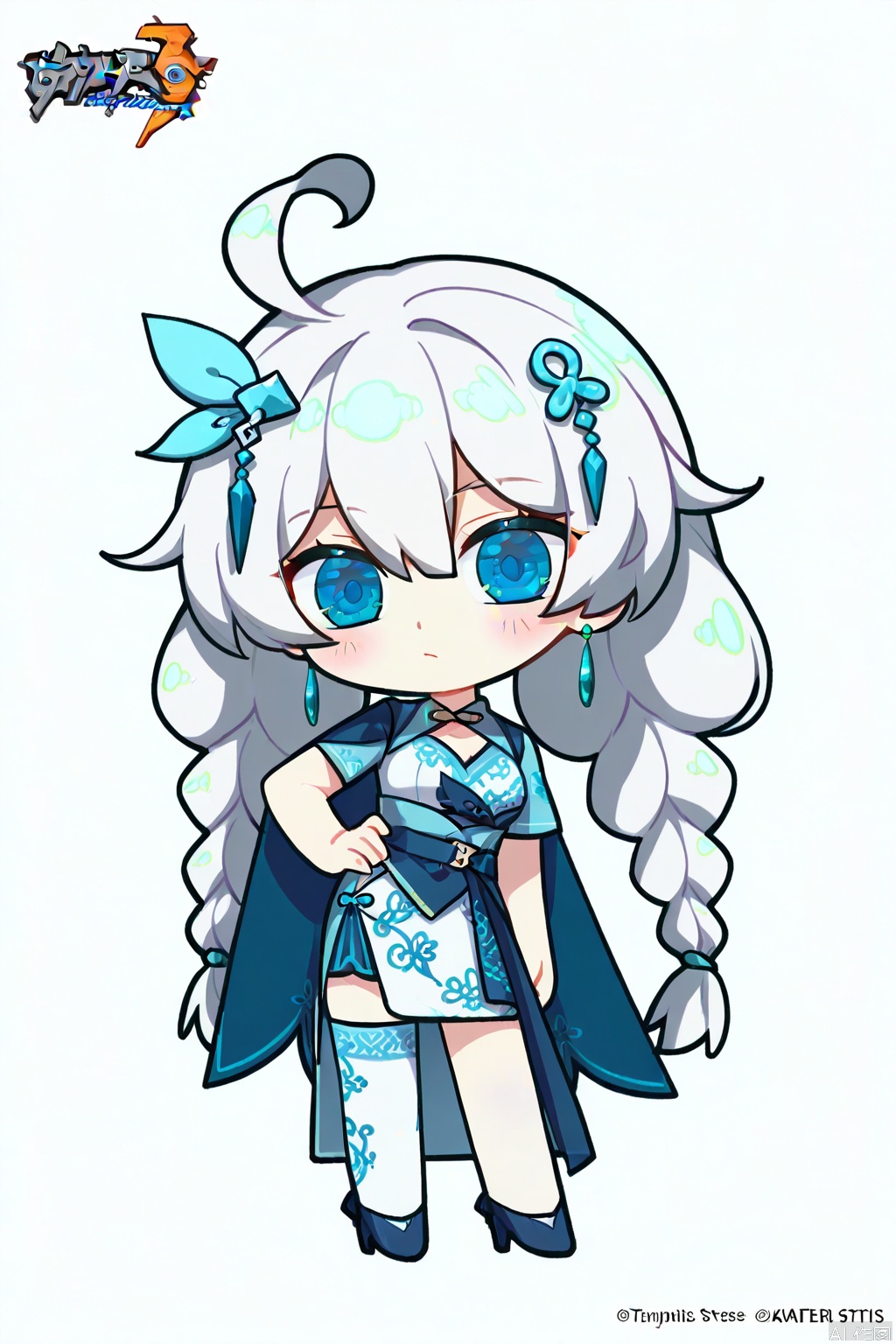 solo,(white background:1.2),simple background,kiana kaslana,chibi,manga_style,aqua,blue footwear,blue cape,high heels,bangs,hair ornament,jewelry,hair between eyes,earrings,chinese clothes,blue dress,thighhighs,white cuish,blue eyes,long white hair,twin braids