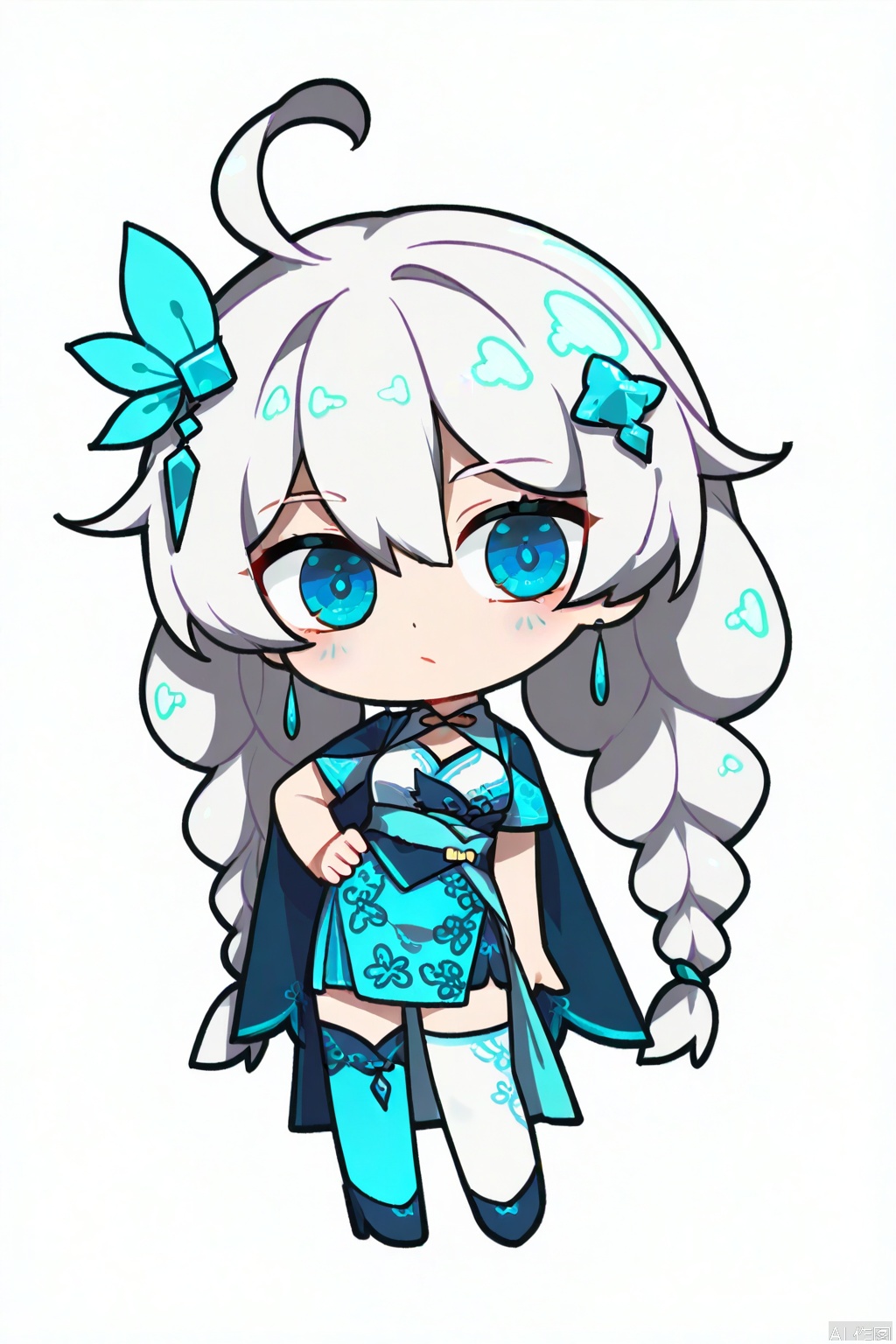 solo,(white background:1.2),simple background,kiana kaslana,chibi,manga_style,aqua,blue footwear,blue cape,high heels,bangs,hair ornament,jewelry,hair between eyes,earrings,chinese clothes,blue dress,thighhighs,white cuish,blue eyes,long white hair,twin braids