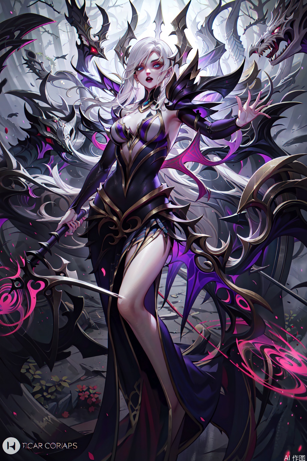 The image depicts a fantasy-themed artwork featuring a female character in intricate armor. She has long, flowing hair and is adorned with a white and purple outfit that is detailed with gold accents. Her expression is one of determination or focus, and she is surrounded by dark, swirling mist. In her hands, she holds a staff or weapon, and her posture suggests she is ready for action. The background is a dark, forest-like environment with faint, glowing red accents and shadowy figures that resemble dragons or mythical creatures. The overall atmosphere is mystical and ominous, with a strong emphasis on the character's presence and the surrounding elements.character:Morgana,white hair,blue eyes