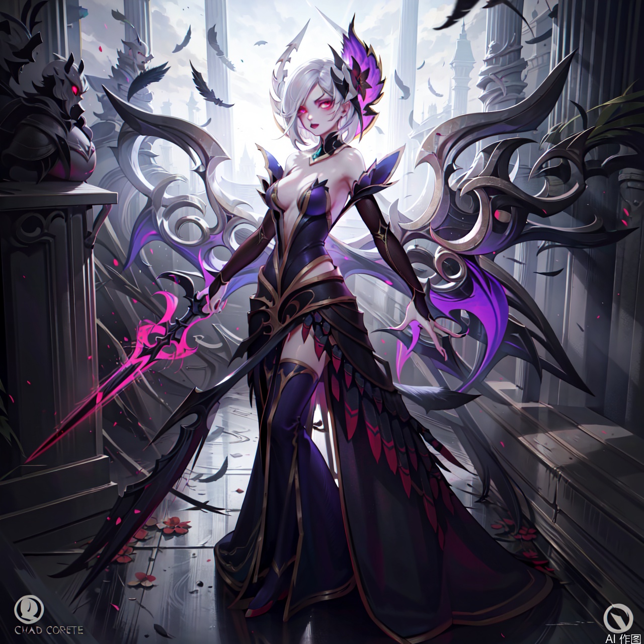 1girl, solo, breasts, looking at viewer, short hair, bangs, large breasts, white hair, hair ornament, gloves, dress, holding, vlue eyes, full body, weapon, red flower, parted lips, wings, sword, hair flower, glowing eyes, holding weapon, high heels, sideboob, holding sword, feathers, feathered wings, black wings, pillar,character:Morgana