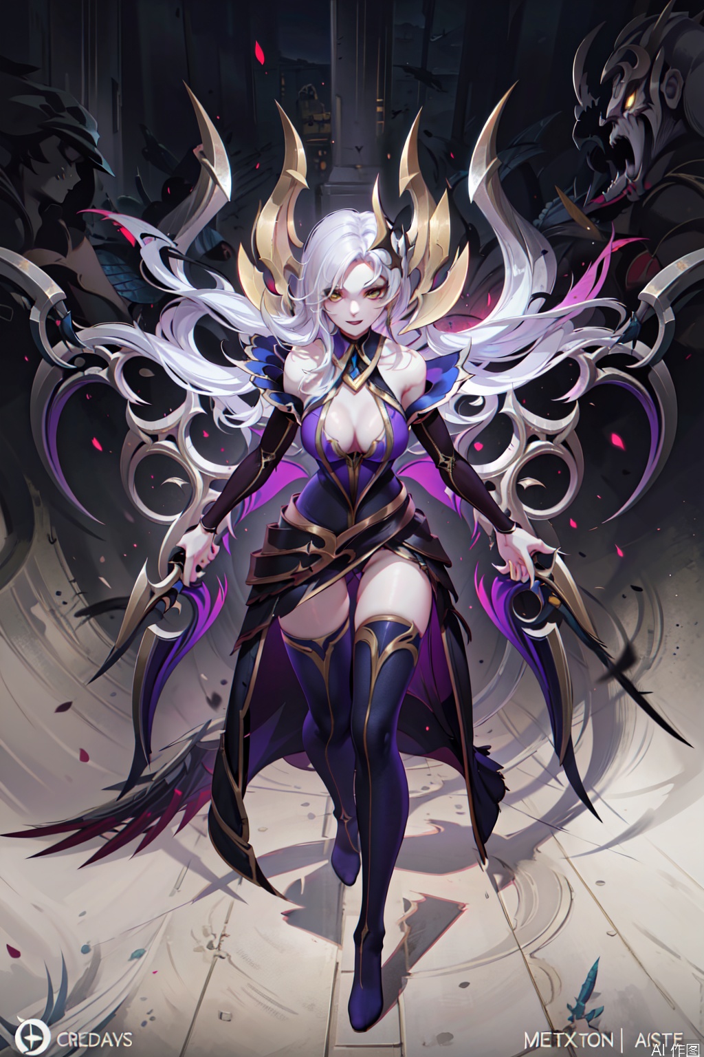 1girl, solo, long hair, breasts, smile, large breasts, holding, cleavage, medium breasts, blue hair, yellow eyes, weapon, wings, holding weapon, armor, glowing, thigh gap, gauntlets, dual wielding, pillar,character:Morgana