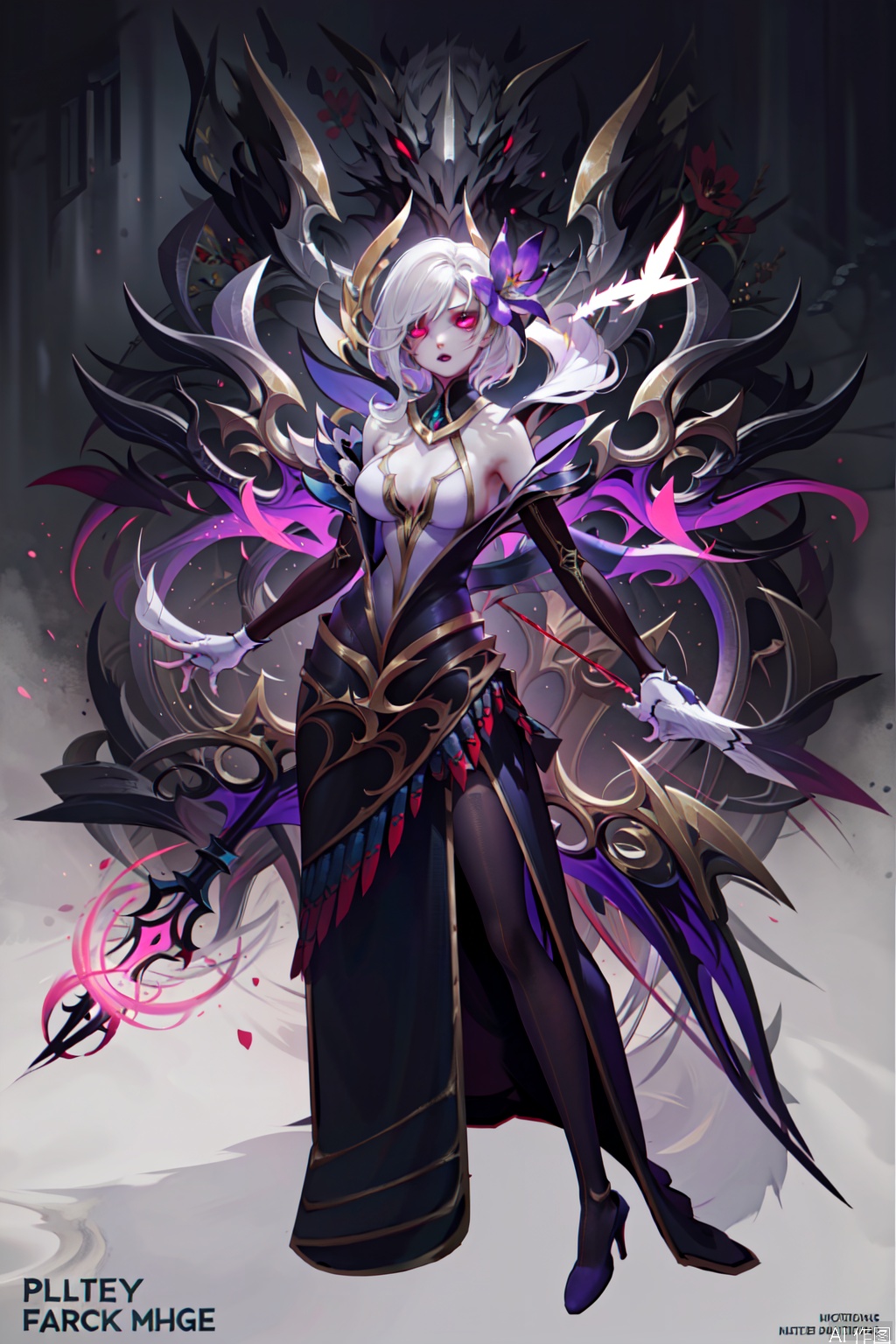 1girl, solo, breasts, looking at viewer, short hair, bangs, large breasts, white hair, hair ornament, gloves, dress, holding, vlue eyes, full body, weapon, red flower, parted lips, wings, sword, hair flower, glowing eyes, holding weapon, high heels, sideboob, holding sword, feathers, feathered wings, black wings, pillar,character:Morgana