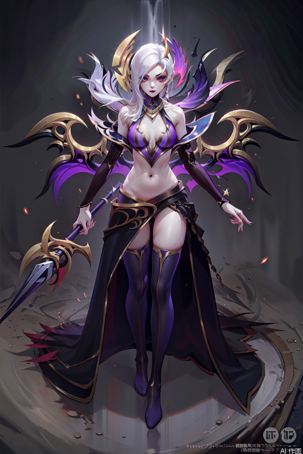 1girl, solo, long hair, breasts, thighhighs, navel, jewelry, medium breasts, necklace, staff, wings,genderswap, convenient censoring, genderswap \(mtf\), scroll,character:Morgana