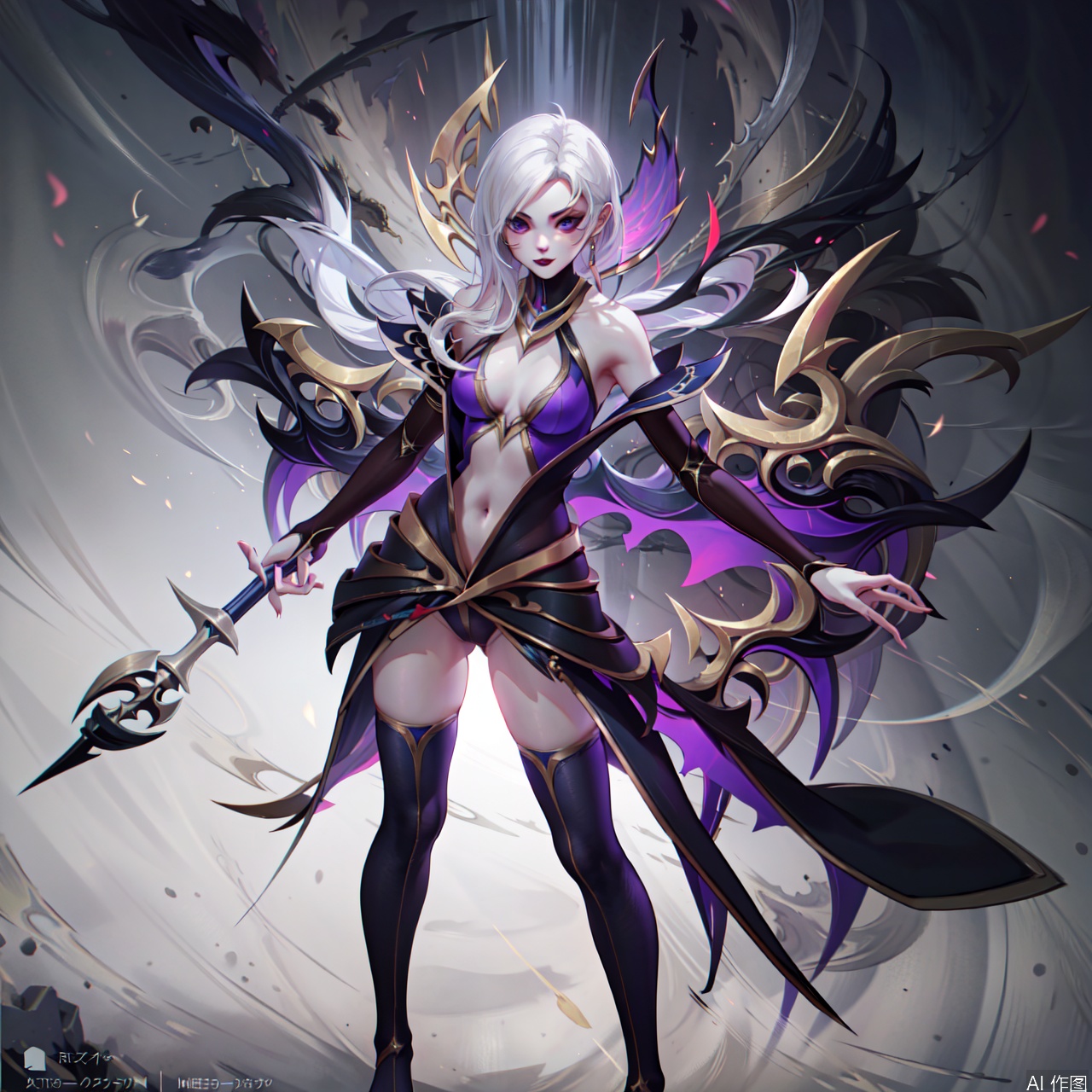 1girl, solo, long hair, breasts, thighhighs, navel, jewelry, medium breasts, necklace, staff, wings,genderswap, convenient censoring, genderswap \(mtf\), scroll,character:Morgana