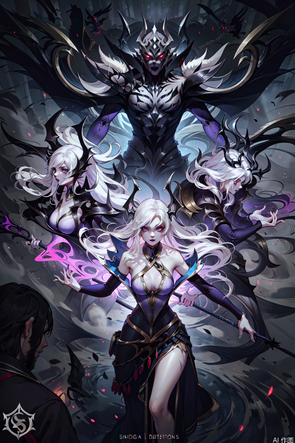 The image depicts a fantasy-themed artwork featuring a female character in intricate armor. She has long, flowing hair and is adorned with a white and purple outfit that is detailed with gold accents. Her expression is one of determination or focus, and she is surrounded by dark, swirling mist. In her hands, she holds a staff or weapon, and her posture suggests she is ready for action. The background is a dark, forest-like environment with faint, glowing red accents and shadowy figures that resemble dragons or mythical creatures. The overall atmosphere is mystical and ominous, with a strong emphasis on the character's presence and the surrounding elements.character:Morgana,white hair,blue eyes