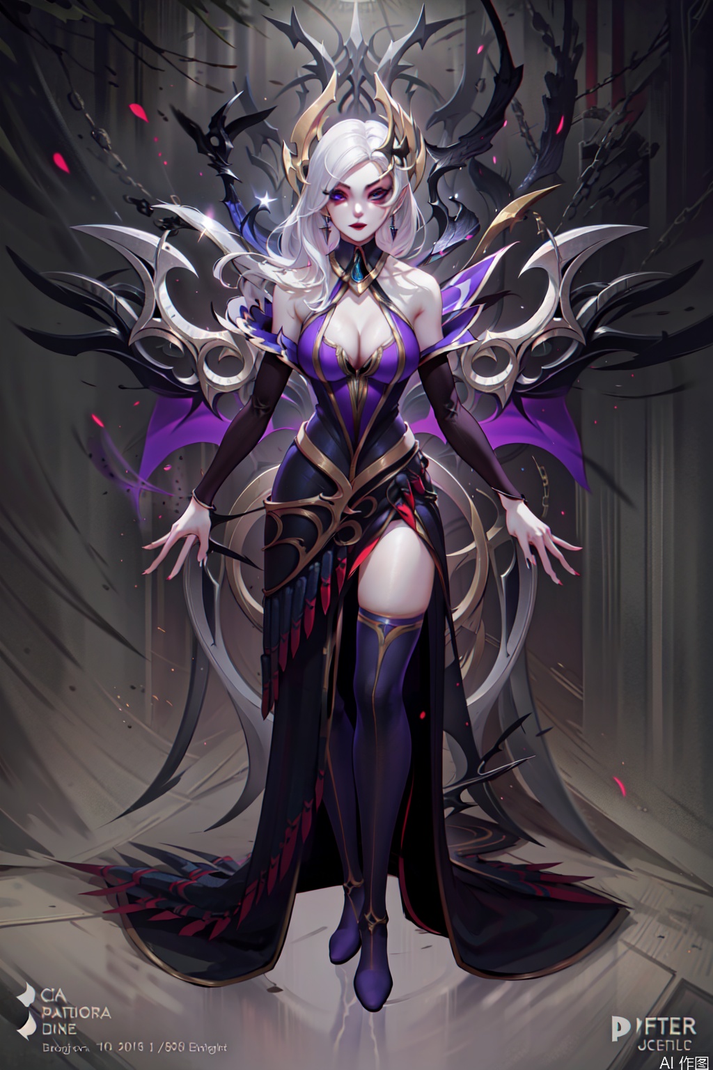 1girl, solo, long hair, breasts, looking at viewer, large breasts, thighhighs, dress,wings, cleavage, bare shoulders, jewelry, full body, white hair, earrings, alternate costume, makeup, lipstick,character:Morgana