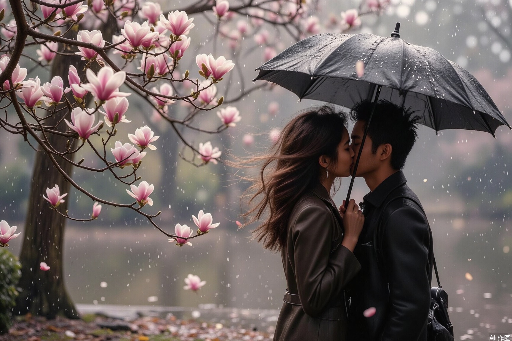 This image depicts a romantic scene:two people walking under magnolia trees, holding an umbrella.The background is filled with blooming magnolia with petals falling in the wind,creating a dreamy and tranquil atmosphere.magnolia often symbolize the arrival of spring and the fleeting beauty of life,and the magnolia in the rain add a poetic and romantic touch.
The silhouettes of the two people and the outlines of the umbrellas stand out prominently in the picture,giving a sense of mystery and warmth.This kind of scene often evokes thoughts of love,companionship,and the beauty of going through storms together.The overall color palette is soft,with the combination of pink and gray giving the image both the vitality of spring and the tranquility of a rainy day.
This image may be intended to express an emotional resonance or a longing for beautiful times.,plcp,motion blur effect,cinematic texture background