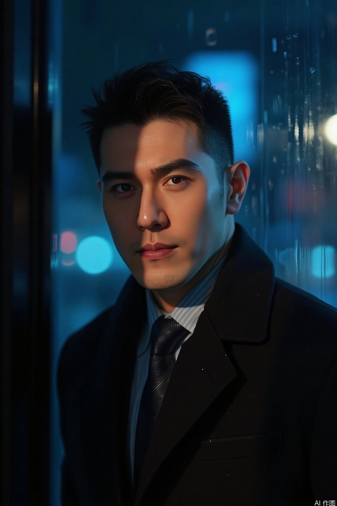 Under the soft indoor lighting, the elegant man's face is painted with light and shadow. Sony A7R4 camera, aperture f/4, shutter speed 1/60 second, ISO 400. The colors are rich, with a cool tone, creating a tranquil atmosphere.,rainy night,vivid color,motion blur effect,cinematic texture background