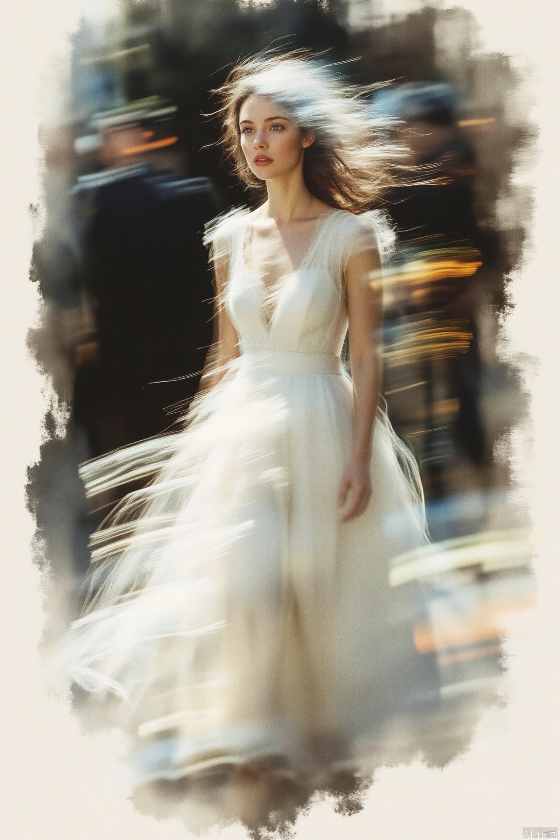 Ink and wash abstract concept blockbuster, girl's moon white dress and ink strokes blend, hair presents a calligraphic white effect, solid color background highlights silk luster, asymmetric composition breaks tradition, high-speed synchronous flash solidified clothing fluctuations,Western woman,cinematic texture background,dynamically blurred background