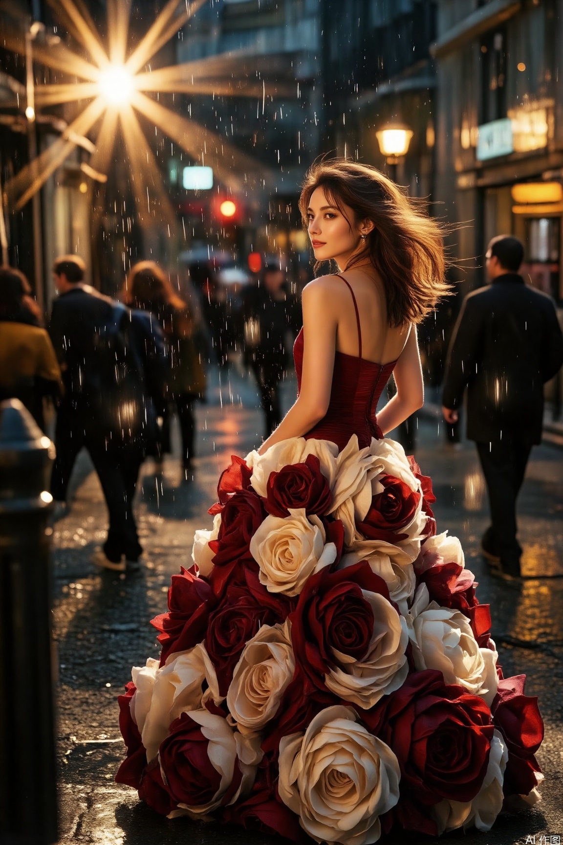 In a rainy alley, an elegant woman stands still.,looking back.Raindrops sparkle under the light, weaving a romantic atmosphere with light and shadow. Sony A7M3, aperture f/2.0, shutter speed 1/40 second, ISO 1600. The tone has a striking contrast between warm and cool colors, with enhanced colors that add a dramatic feel.,red gown,made of layered red and cream flowers,vivid color.,dynamically blurred background,Quick movement of people,Motion blur effect