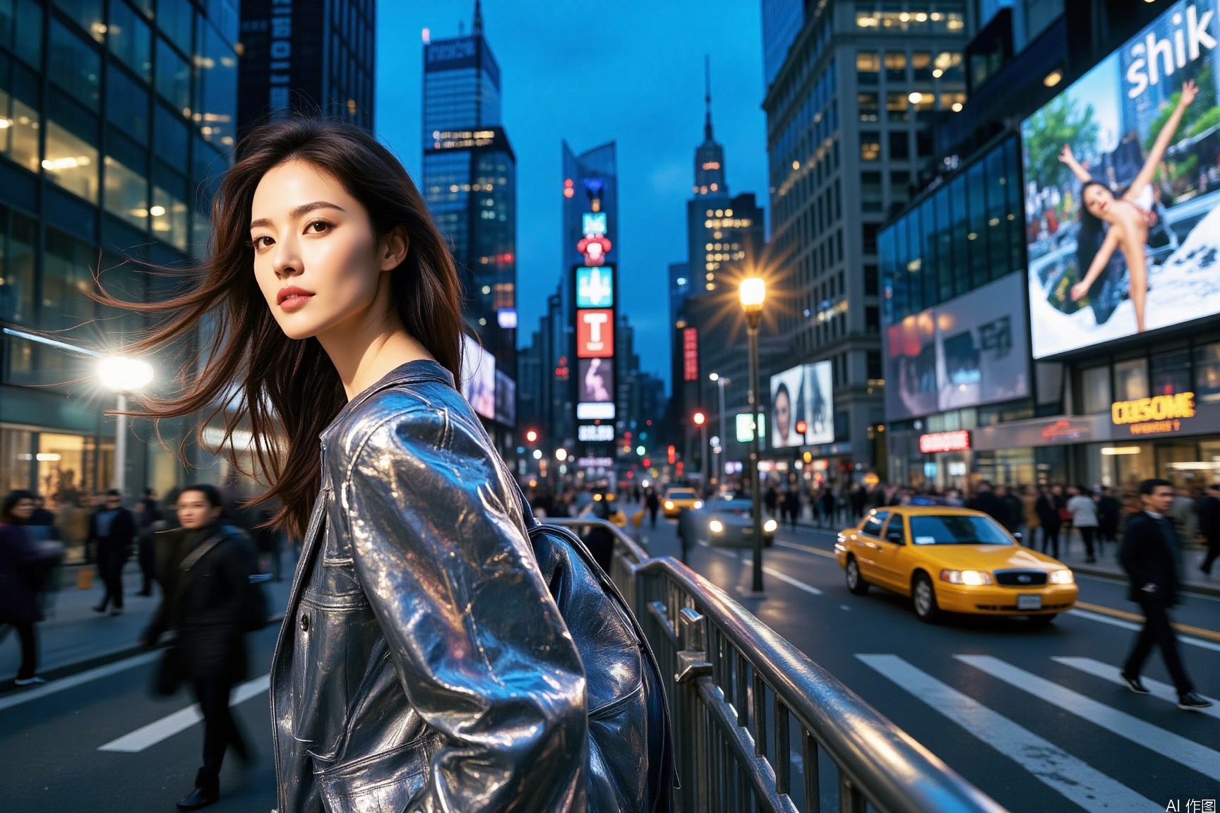 the bustling city, the night sky is like a piece of blue silk dyed with ink. In the heart of this urban jungle, a stylish female model takes center stage. She is statuesque, with long, flowing hair that catches the glimmering lights and seems to come alive with every breeze. Her outfit is a work of avant-garde fashion, a sleek, metallic dress that hugs her figure and reflects the neon hues around her, creating an otherworldly shimmer.The towering buildings cast a cold white light, outlining their tough silhouettes, and the neon billboards shine with a riot of five colors. On the main roads, cars are like silver fish shuttling through, and the lights flicker like a tide. Pedestrians come in various forms, with white-collar workers in a hurry, street artists immersed in their performances, and lovers sweetly accompanied. The glass curtain walls reflect a fantastical scene, and the ancient bell tower appears old and quaint. Light and shadow collide, with the model at the focal point, her presence amplifying the visual impact, making the whole scene a mesmerizing tableau of modern city life.,motion blur effect,cinematic texture background,dynamically blurred background,Quick movement of people,vivid color