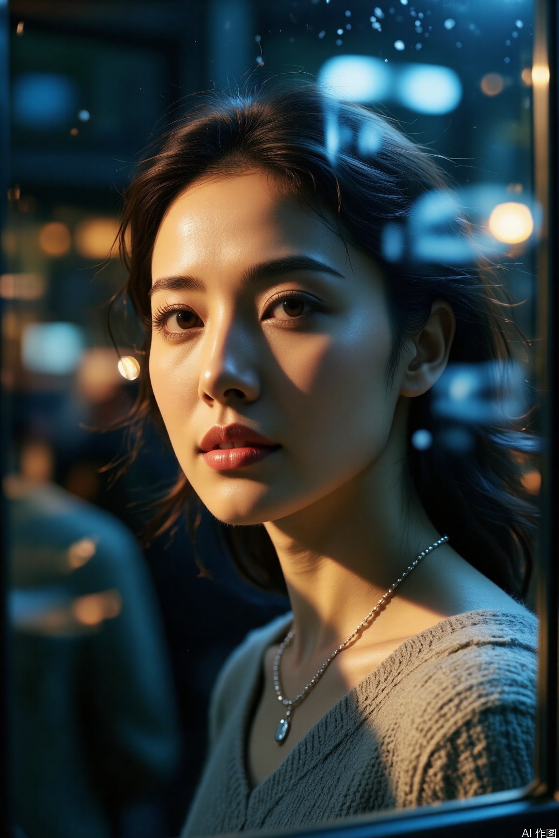 Under the soft indoor lighting, the elegant woman's face is painted with light and shadow. Sony A7R4 camera, aperture f/4, shutter speed 1/60 second, ISO 400. The colors are rich, with a cool tone, creating a tranquil atmosphere.,rainy night,vivid color,motion blur effect,necklace