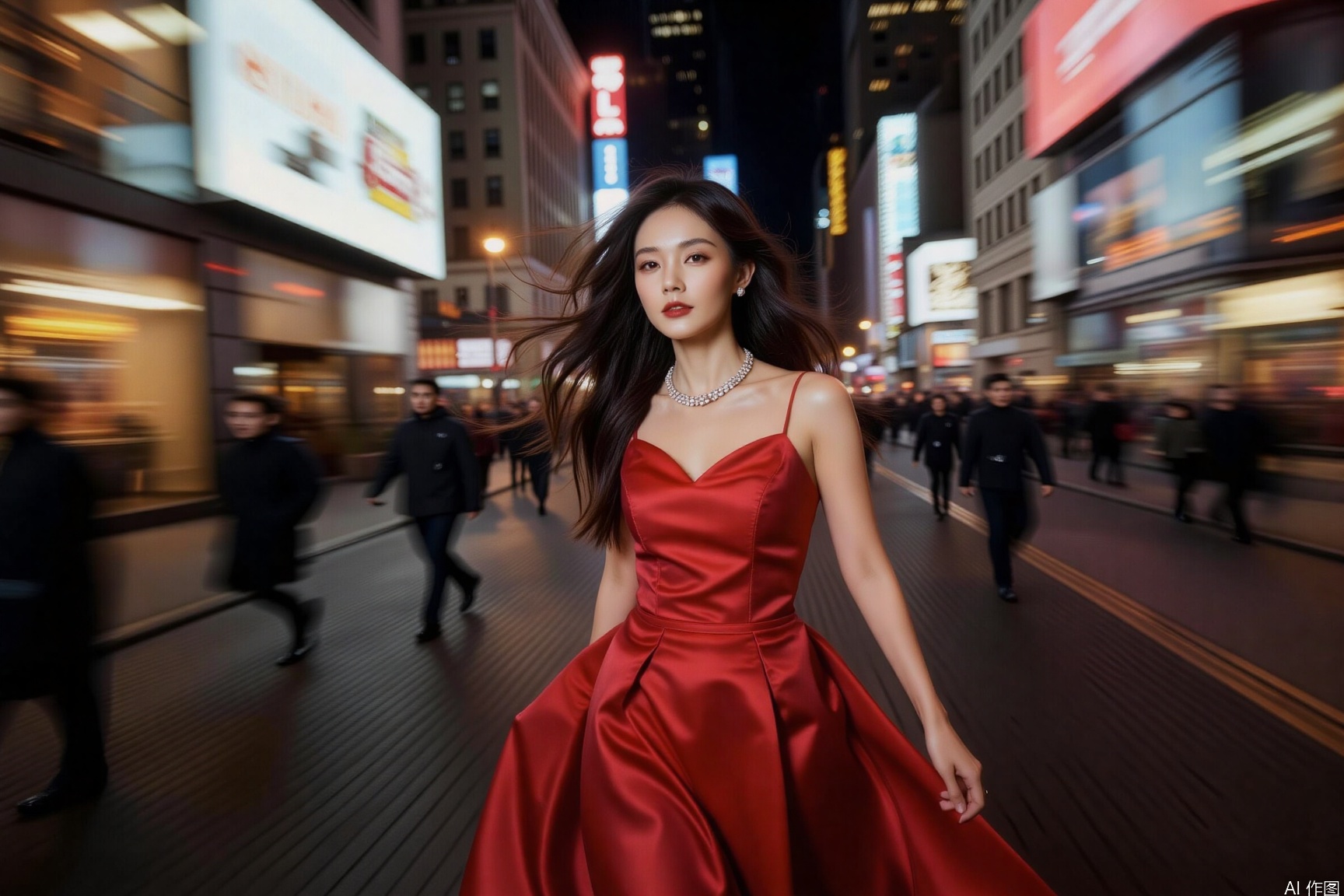 On the bustling streets of Fifth Avenue in New York, a sexy woman in a red dress is walking gracefully. Her elegant figure and the red skirt fluttering in the wind contrast sharply with the neon lights and the colorful night scene around her. Using a Sony A7M3 camera with an 85mm f/1.4 lens, aperture f/1.8, shutter speed 1/100 second, ISO 320, and high-contrast color tones to capture her charming allure, making her the focal point of the image.dynamically blurred background,Quick movement of people,Motion blur effect,necklace