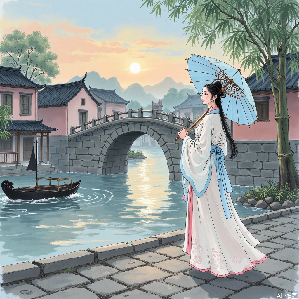 On the bluestone road in the water town of Jiangnan, a gentle and lovely ancient woman walked up gracefully. Her long hair, which was as soft as ink, drooped softly to her waist, was gently tied up with just a jade hairpin of mutton fat, and a few strands of hair fell playfully on her fair neck, like a lively pen mark on an ink painting.
 
The eyebrows are as dark as the distance, and when they are gently frowning, it seems to contain infinite sorrow, and it also reveals a bit of pity for weakness. The eyes were like a pool of autumn water, clear and bright, the eyes were deep brown, and the gentle charm of the mist and rain in the south of the Yangtze River was filled with the flow. The cheeks are as pink as peach blossoms in March, with a natural blush, as if they were gently kissed by the warm spring sun.
 
She was wearing a moon-white silk skirt, with fluttering sleeves, and the exquisite plum blossom patterns were embroidered with silver thread. Following her footsteps, the plum blossoms seemed to bloom in the wind, and the faint fragrance floated. A light blue ribbon was tied around her waist, which was shaped into a delicate bow, which further highlighted her slender waist that was not full of grip. She was wearing a light pink gauze cloak, and the gauze on the cloak danced with the wind, like a dream, as if she was covered with a thin cloud.
 
At this moment, she was standing by an ancient stone arch bridge. The river water was gurgling and the waves were sparkling. A black-sailed boat was passing by slowly, and the boatman at the bow hummed the melodious Jiangnan tune. On the other side of the bridge is a house with pink walls and black tiles. The smoke from cooking is rising and blends with the sunset in the sky. The woman held an oil-paper umbrella with a light blue color on the surface, and was painted with a few green bamboos. She raised her head slightly and looked at the sunset in the sky, like a beautiful ancient painting, revealing countless poetry and tenderness.