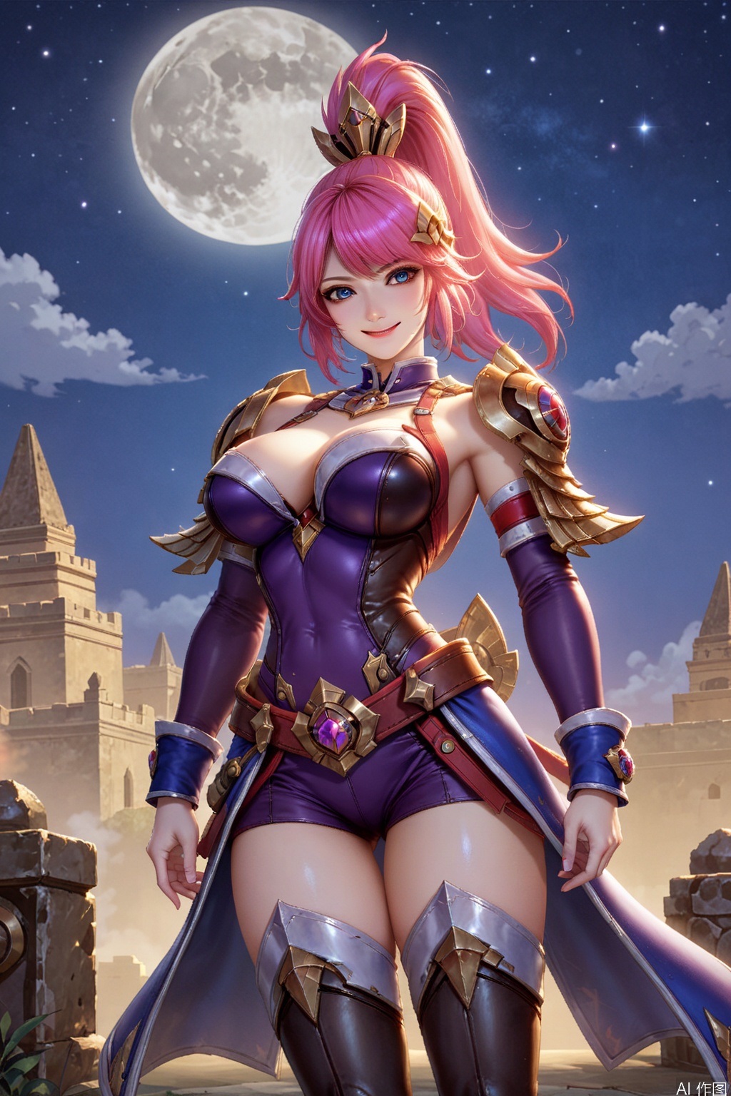 score_9_up,score_8_up,HML,1girl, solo, long hair, breasts, looking at viewer, smile, bangs, blue eyes, large breasts, hair ornament, thighhighs, pink hair, thighs, boots, detached sleeves, armpits, armor, thigh boots, night, moon,starry sky,outdoor,high ponytail, shoulder armor, pauldrons,standing,meadow