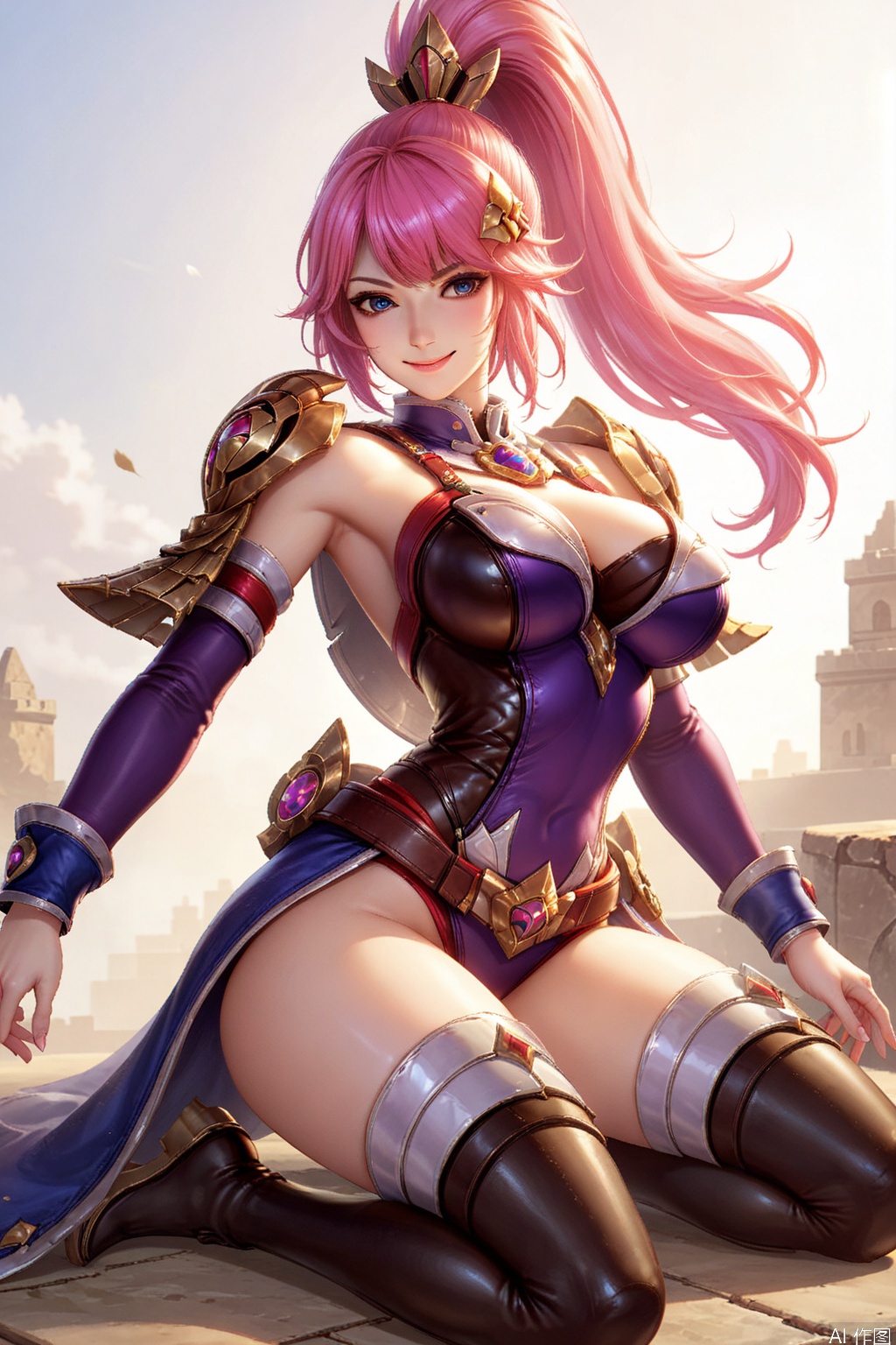 score_9_up,score_8_up,HML,1girl, simple background,white background,solo, long hair, breasts, looking at viewer, smile, bangs, blue eyes, large breasts, hair ornament, thighhighs,ponytail, pink hair, thighs, boots, detached sleeves, armpits, armor, thigh boots, sunlight, high ponytail, shoulder armor, pauldrons,kneeling,sitting
