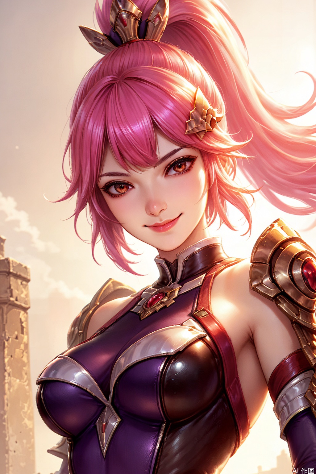 score_9_up,score_8_up,HML,1girl, solo, long hair, breasts, looking at viewer, smile, bangs, hair ornament, red eyes, medium breasts, closed mouth, ponytail, pink hair, detached sleeves,armor, leotard, lips, backlighting,(portrait)