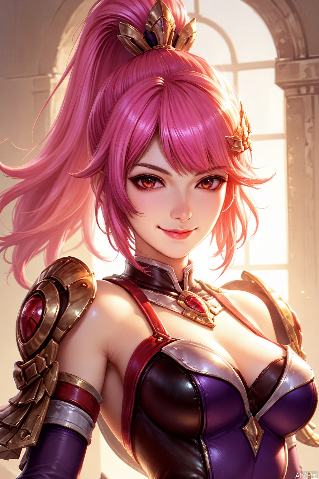 score_9_up,score_8_up,HML,1girl, solo, long hair, breasts, looking at viewer, smile, bangs, hair ornament, red eyes, medium breasts, closed mouth, ponytail, pink hair, detached sleeves,armor, leotard, lips, backlighting,(portrait)