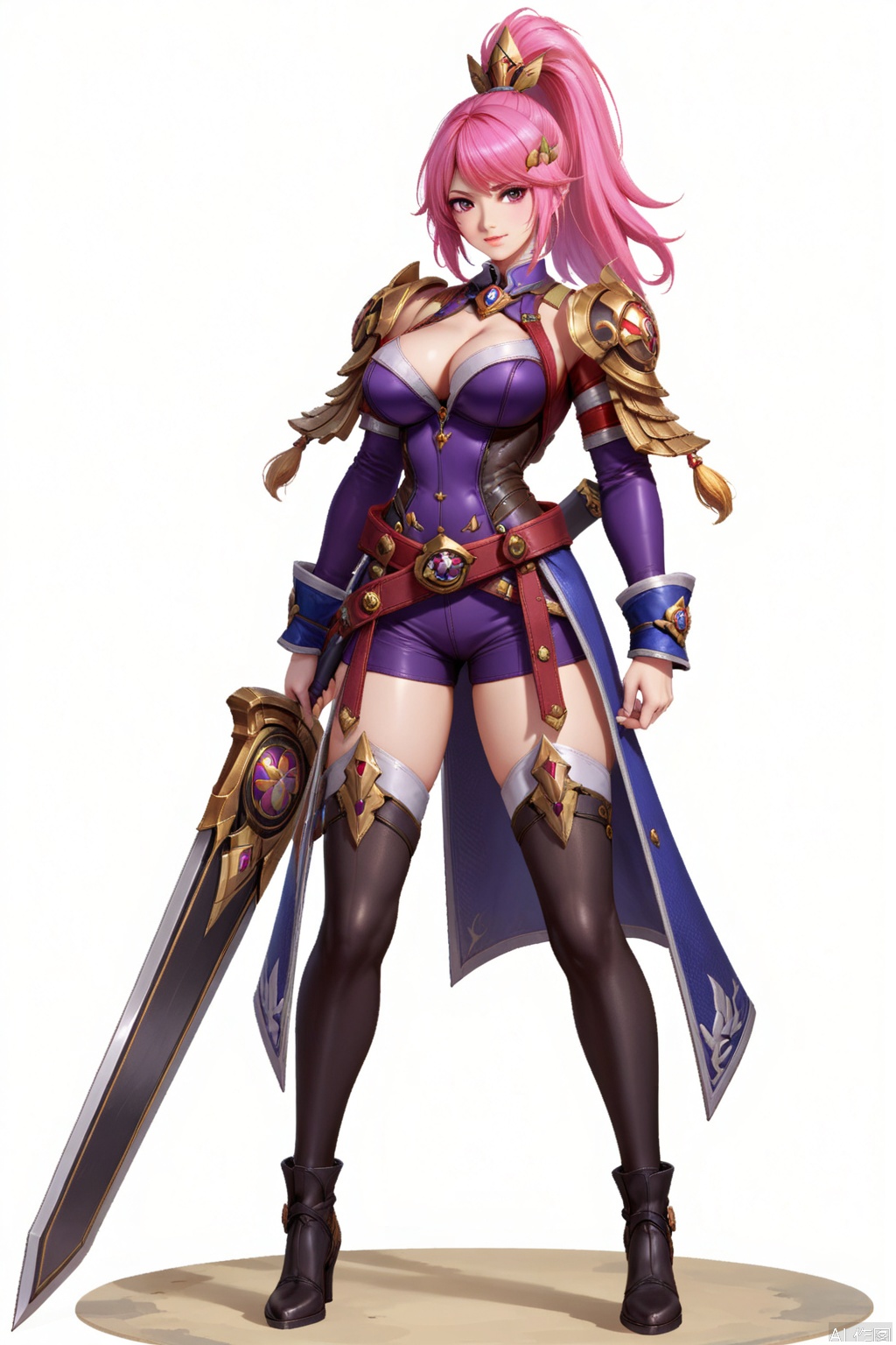 score_9_up,score_8_up,HML,simple background,white background,1girl, solo, long hair, breasts, looking at viewer, bangs, large breasts, hair ornament, thighhighs, long sleeves, holding, cleavage, standing, ponytail, weapon, pink hair, boots, shorts, belt, sword, black thighhighs, pink eyes, holding weapon, armor, thigh boots, shoulder armor, huge weapon