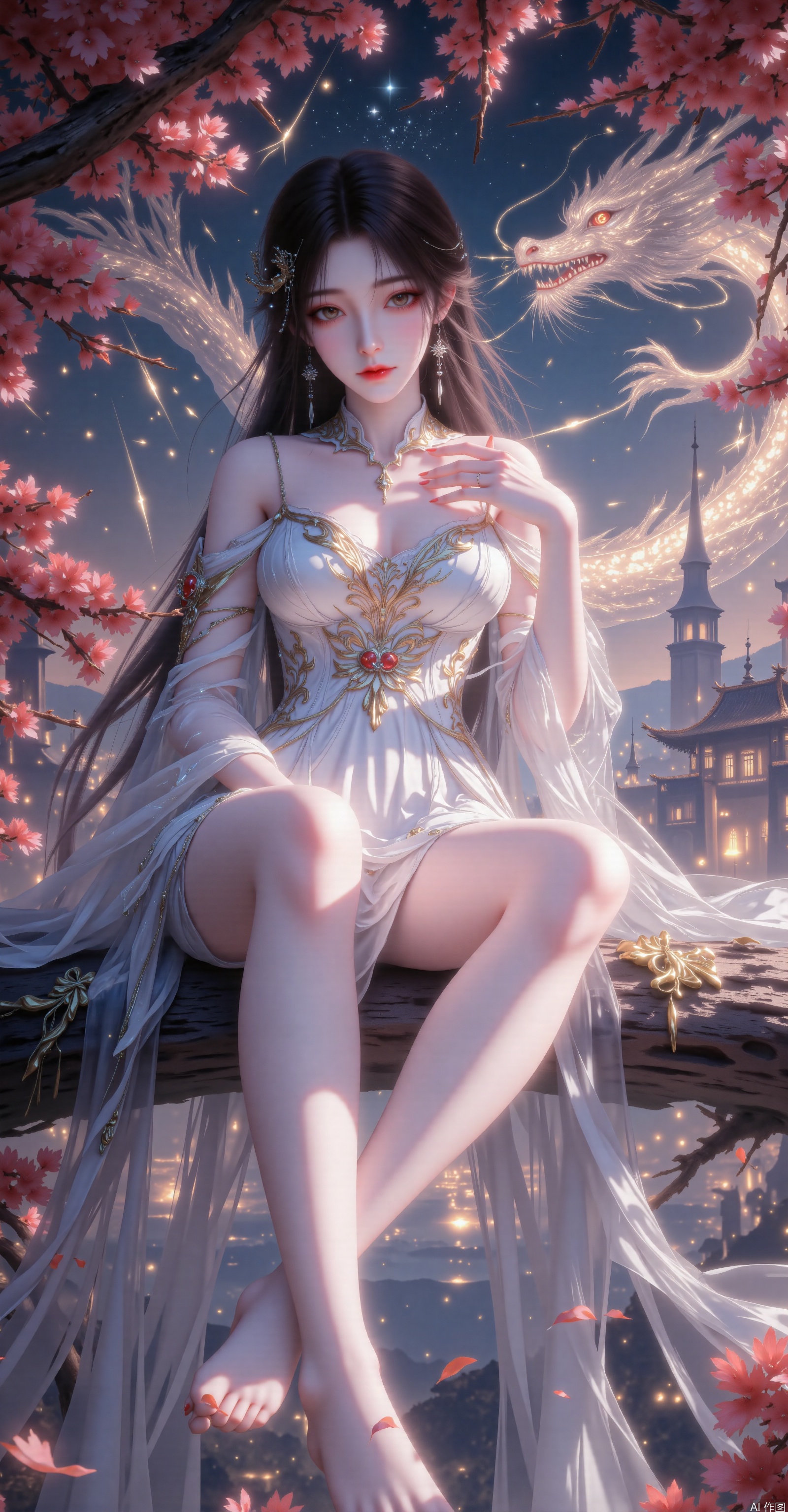 Image Quality: Refreshing. 32K resolution. Close - up shot.
Character Description:
Appearance: Extremely delicate facial features. Danfeng eyes, eyebrows as slender as willow leaves, a cherry - like small mouth, and fair skin.
Hairstyle: Long black hair, adorned with exquisite hair ornaments.
Costume: Wears a white dress. The dress has intricate and elaborate patterns and decorations, exuding a sense of grandeur and dignity. Her legs are bare, long, and shapely. The perspective is from below, looking up at her.
Posture: Sits on a cherry blossom tree, with one hand resting on her chest, exuding an air of confidence and majesty. Her long and slender legs highlight her graceful figure.
Background: The background is a night scene with twinkling shooting stars and a star - filled night sky. The silhouettes of buildings are faintly visible in the distance, creating a mysterious and tranquil atmosphere. There is a glowing dragon in the picture, adding to the beauty of the scene.
Environment: Red flowers are in full bloom around her, and the trees are lush and verdant, adding vitality and beauty to the scene.
Accessories: Wears exquisite earrings.