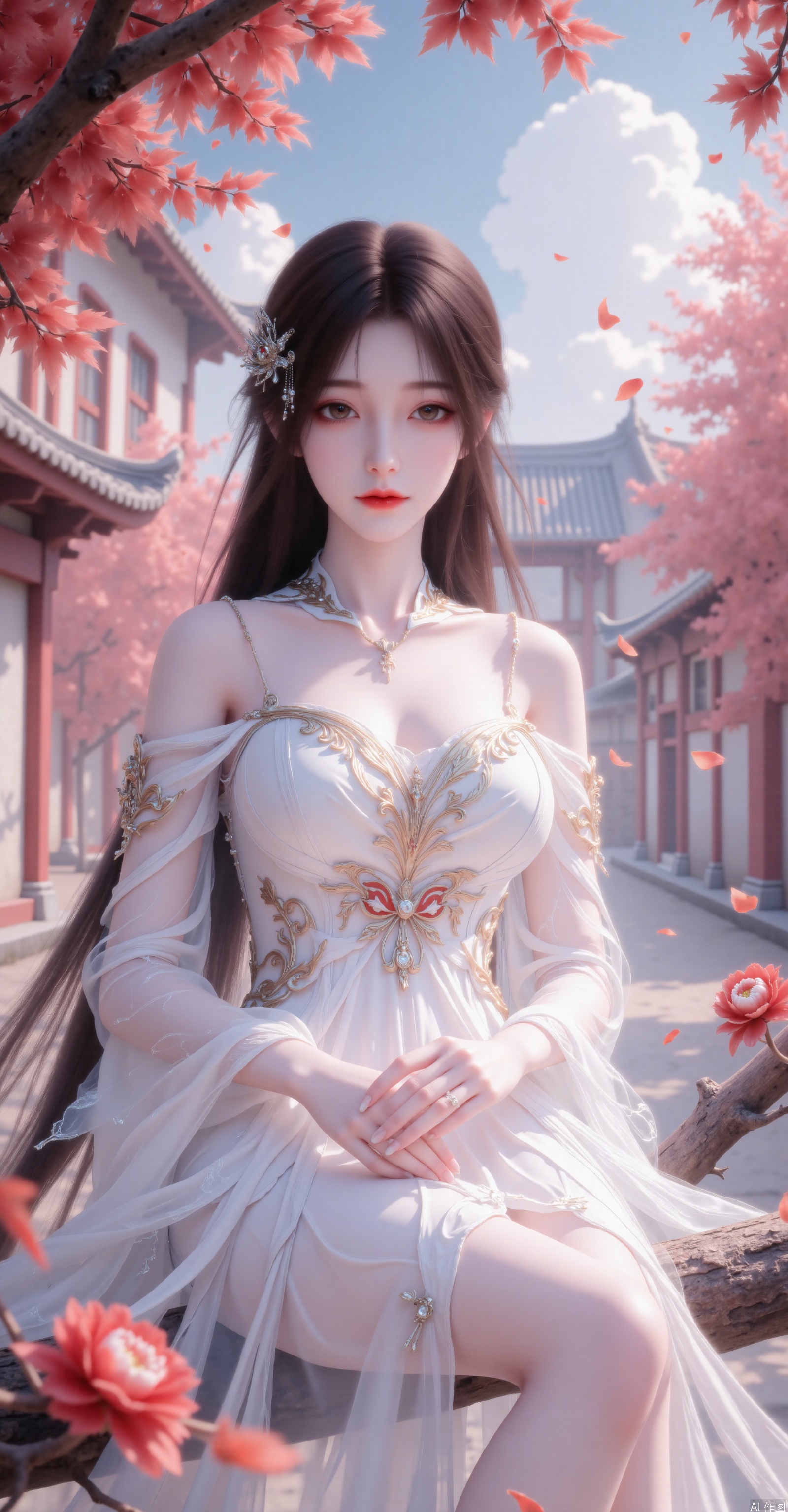 Character Features:


• Appearance:Long hair with smooth strands,dark hair color,exquisite makeup,deep eyes,a high-bridged nose,rosy lips,and a lovely smile.


• Clothing:Traditional Chinese ancient costume,featuring a thin and translucent white dress with an off-shoulder design.

Scene Elements:


• Environment:An ancient-styled courtyard,with red-colored trees in the background,falling red-colored petals,and blue sky with white clouds.The girl is sitting on a tree branch.


• Props:A red flower held in hand.

Overall Atmosphere:


• The overall atmosphere is beautiful,romantic,with an ancient-styled artistic conception,and carries a sense of tranquility and elegance.