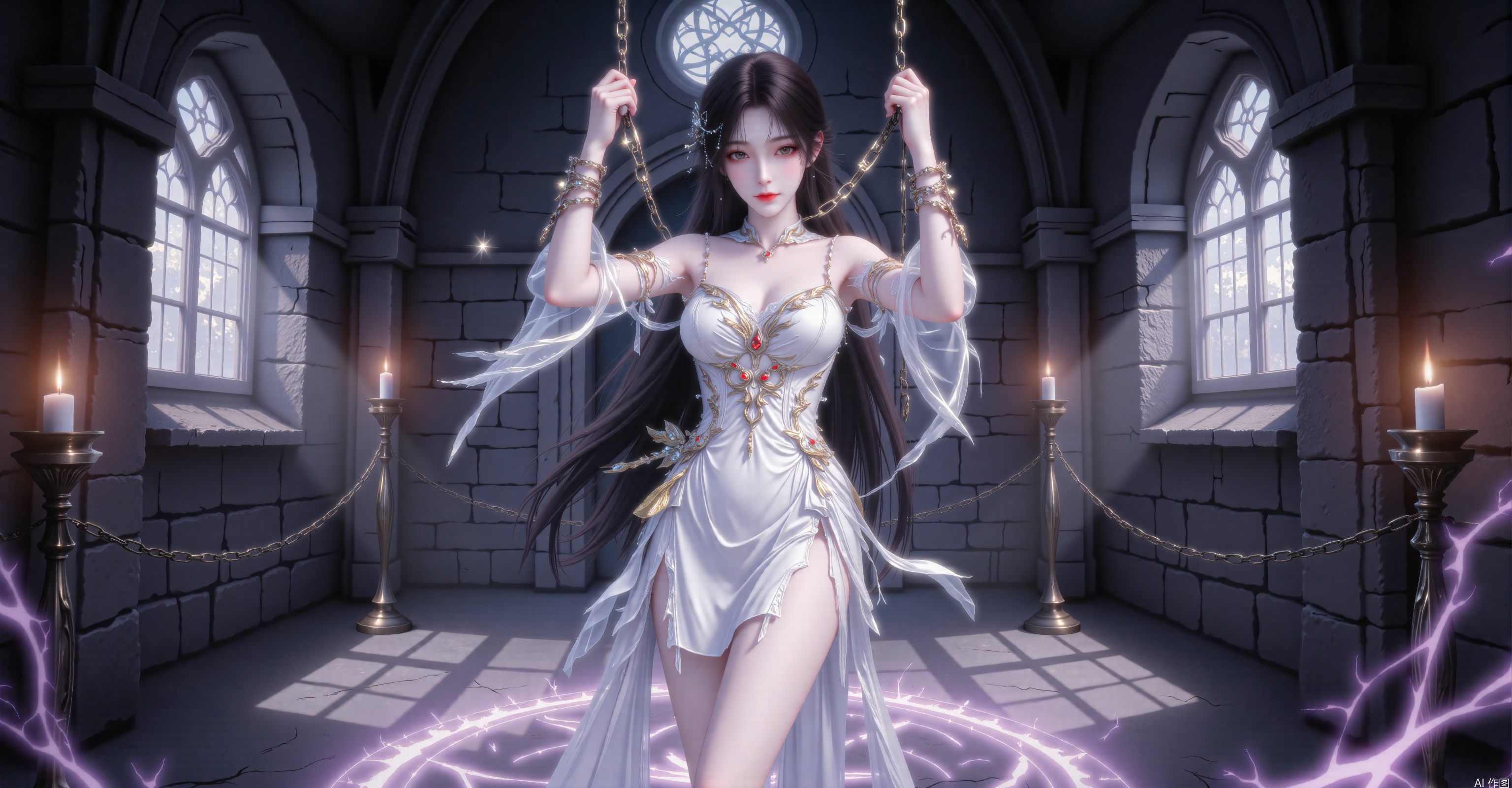 Character Features
 
1. Appearance: A young woman with long black hair adorned with exquisite hair ornaments. She has delicate facial features, willow - shaped eyebrows, almond - shaped eyes, rosy lips, and fair skin.
 
2. Costume: A white - colored Xianxia - style tight - fitting dress. The bodice is decorated with intricate patterns and golden gemstones. It is paired with a short skirt of the same color. The hem of the skirt has a sheer design, partially revealing the skin of her legs. She wears white sheer arm sleeves and metallic arm cuffs. There is an exquisite collar accessory around her neck.
 
3. Posture: She holds the chains above with both hands raised high, her body slightly leaning forward, and her legs slightly apart, showing a posture of being bound yet tenacious.
 
Background Environment
 
1. Scene: A dim - lit interior space, similar to a cell or a mysterious room.
 
2. Architectural Elements: Stone - built walls, windows with Gothic - style patterns, and a mysterious purple magic circle pattern on the ground.
 
3. Props and Special Effects: There are chained candlesticks on both sides with burning candles. Surrounding are purple magic lights and lightning effects, creating a mysterious and magical atmosphere.